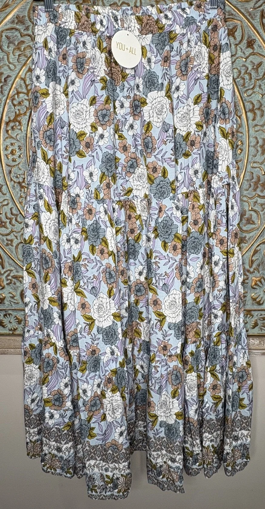 Boho Blue Floral Maxi Skirt - Flowing Feminine Style (Size 16)