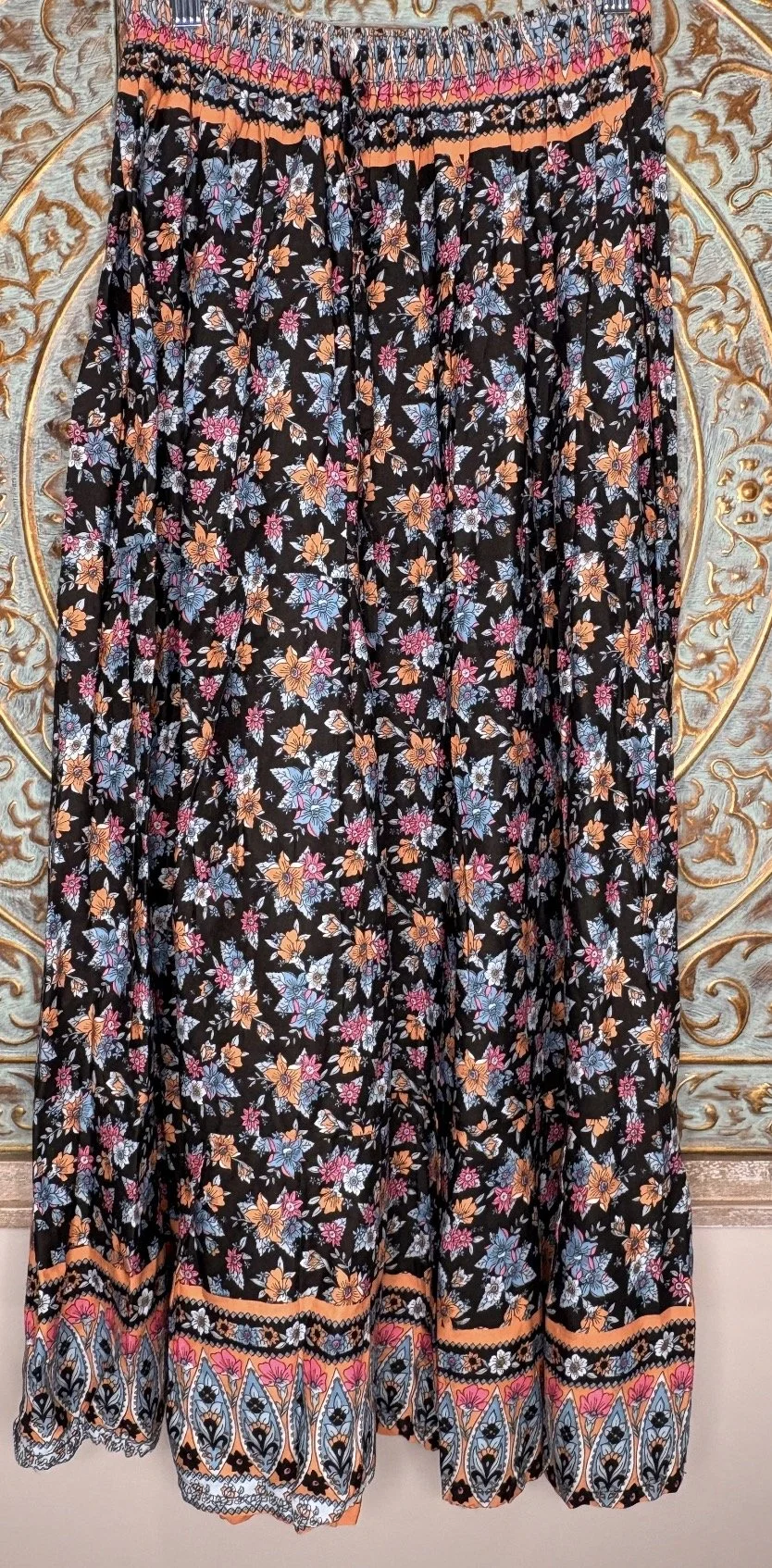 Black & Bright Floral Maxi Skirt - Boho Casual (Size12)