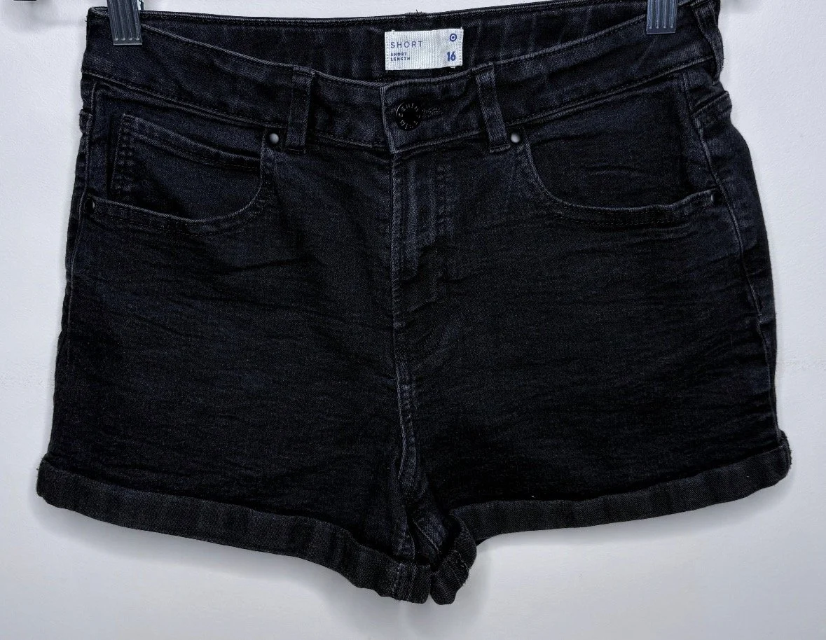 Black Denim Shorts Turned Up Cuff  - Relaxed Fit (Size 16)