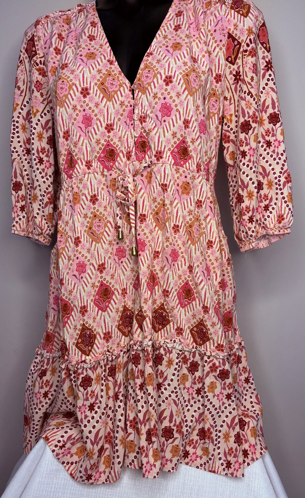Pink Aztec Print Skater Dress - Feminine Flirty Style (Size 14 )