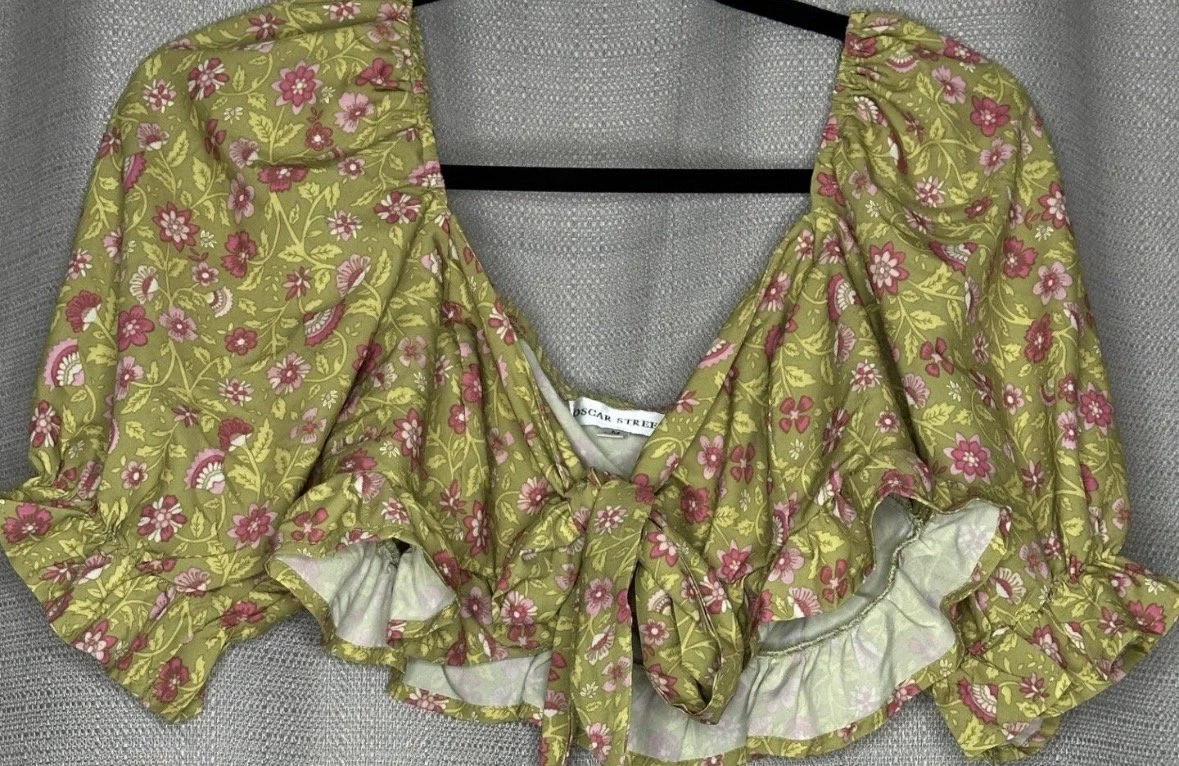 Satin Lime Pink Floral Bolero Crop Top - Neat Boho (Size M)