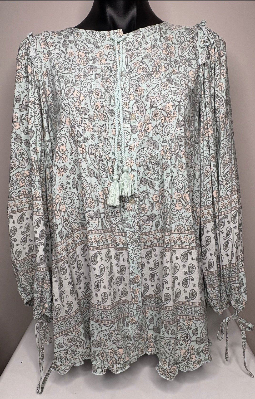 Mint Boho JAASE  Floral Blouse - Fresh Feminine Style (Size L)