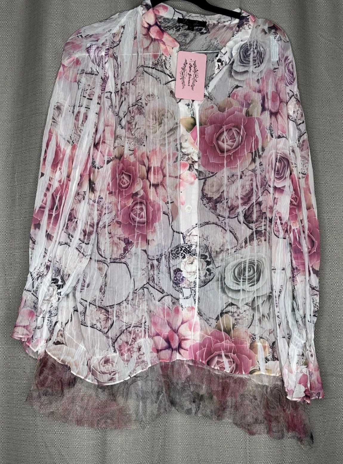 Crinkle Rose Print Long Sleeve Blouse - Casual (Size L)