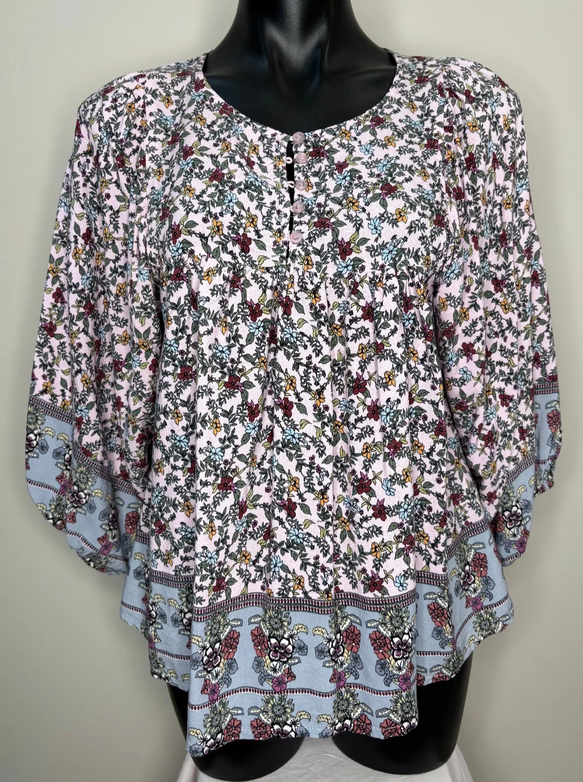 Powder Pink & Blue Floral "JAASE" Top - Boho Casual (Size S)
