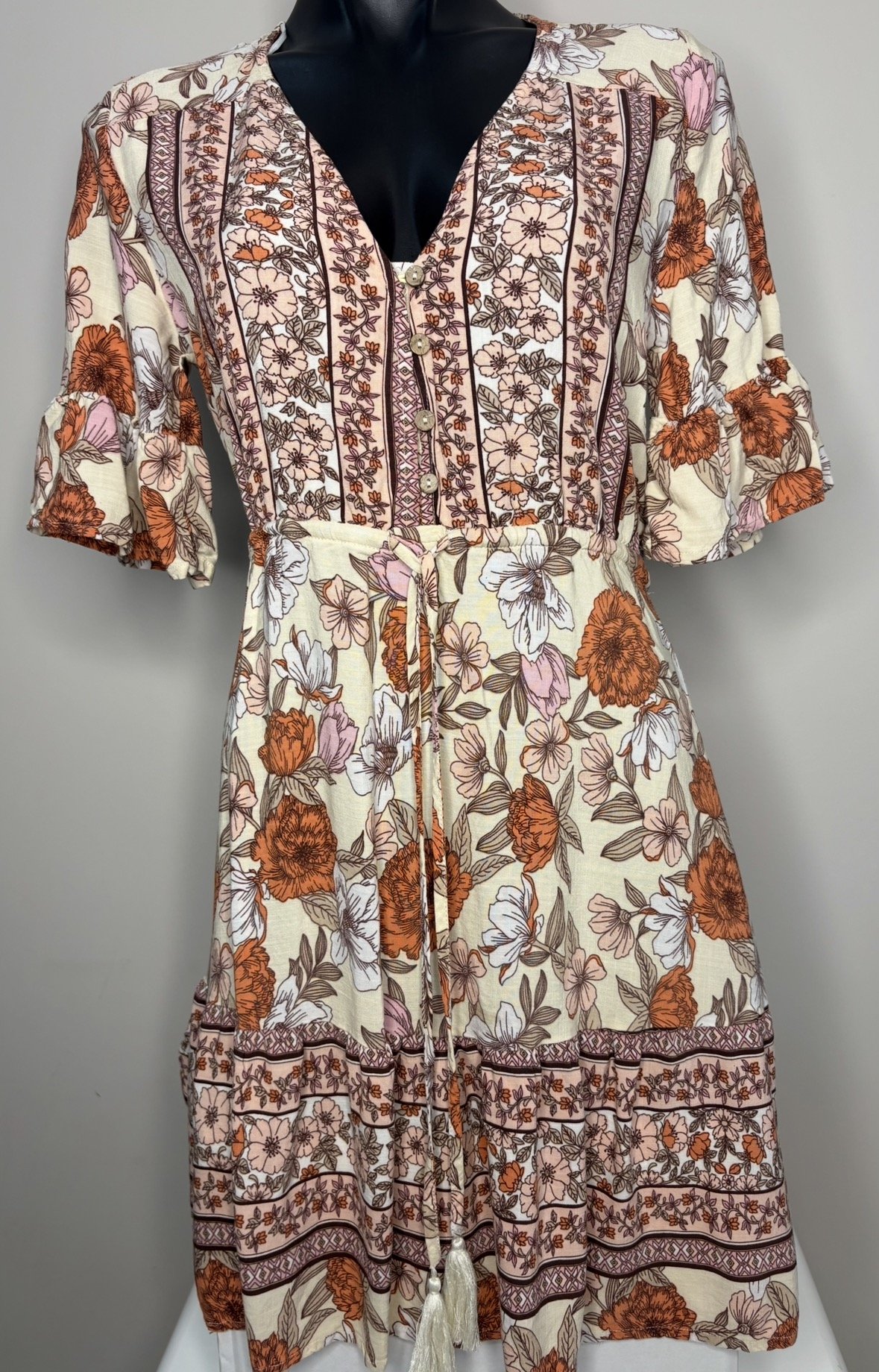 Natural Floral Boho Skater Dress - Smart Casual (Size 10)