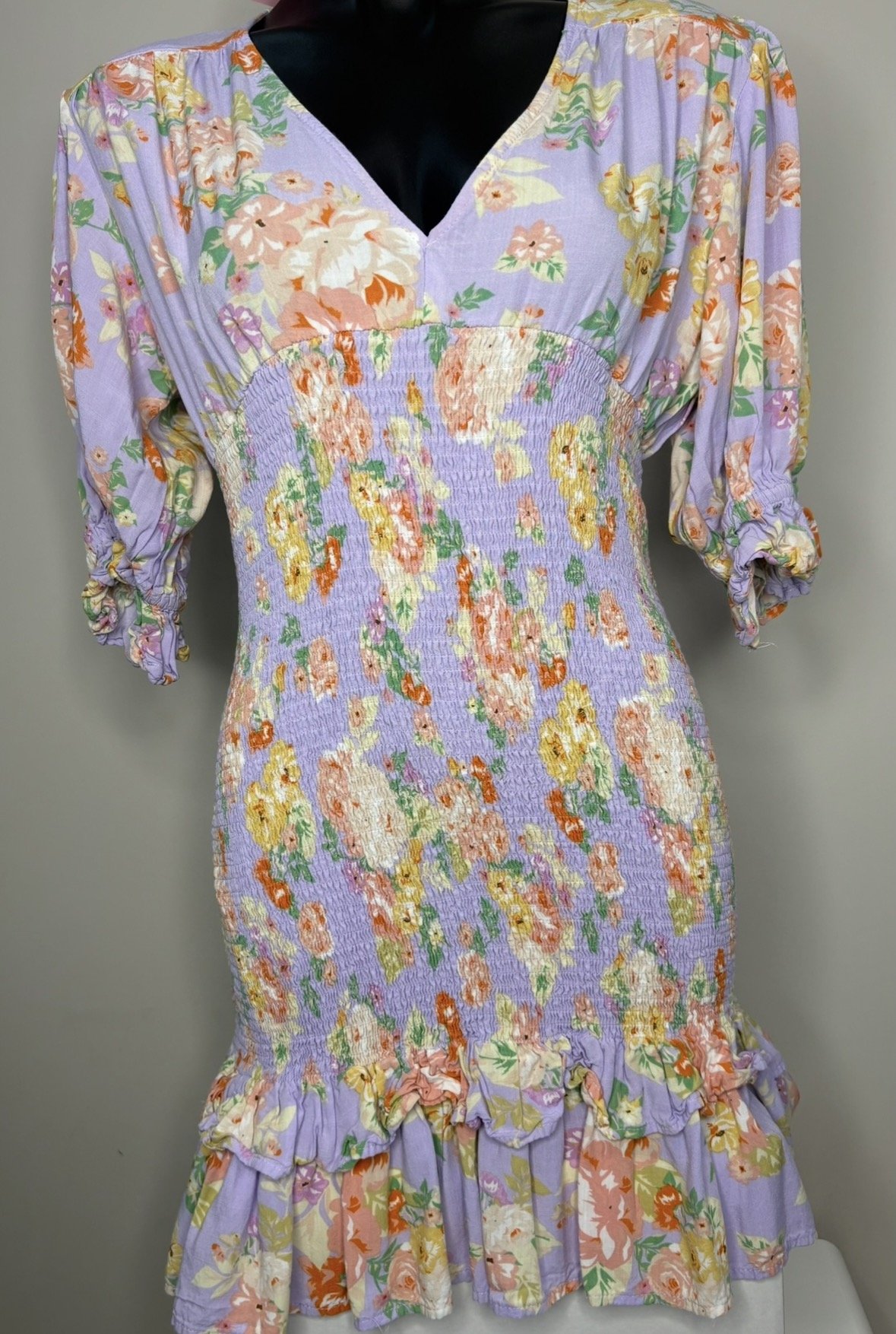 White Closet Purple Floral Gathered Bodice Dress (Size 10)