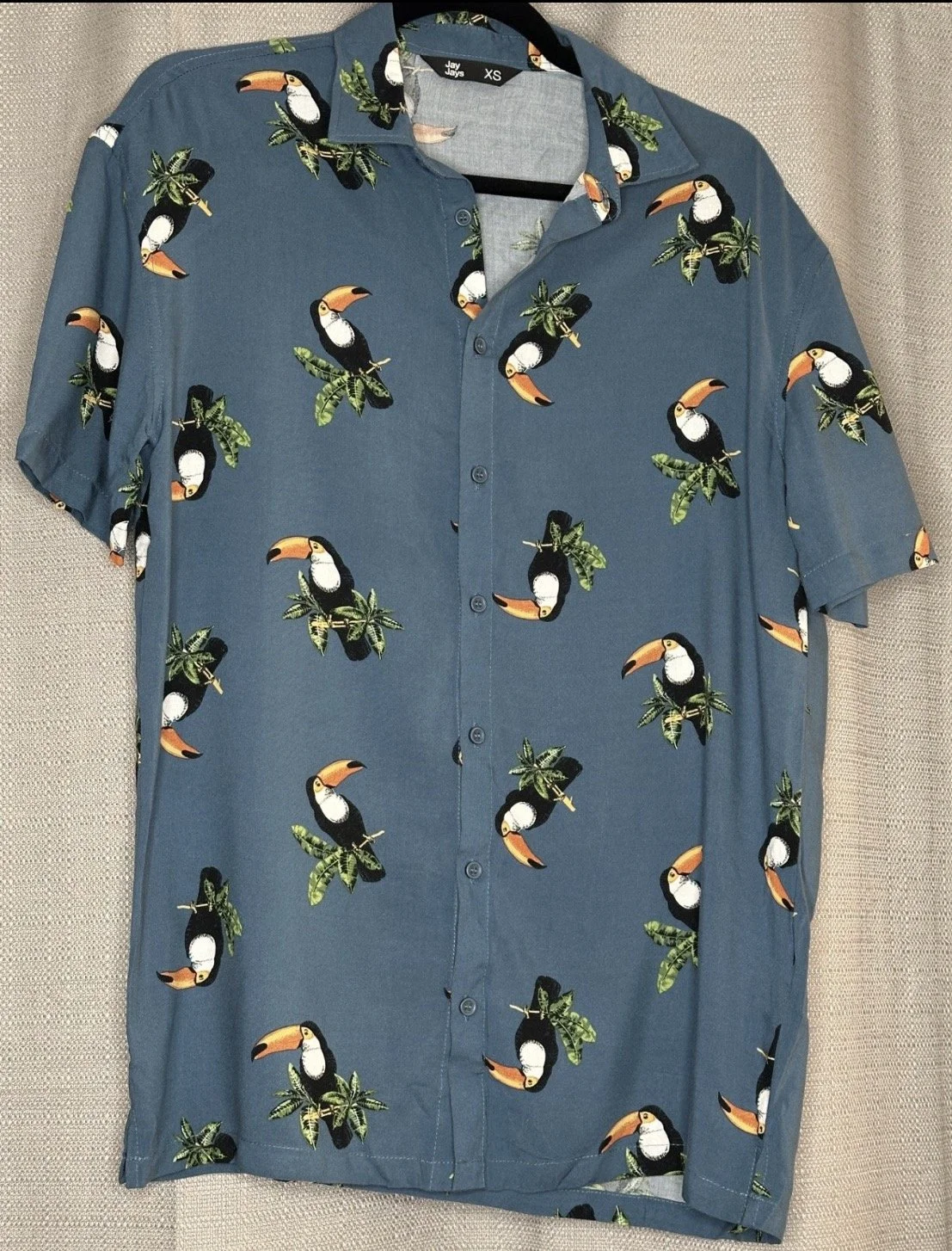 ‘Jay Jays' Blue Toucan Print Button Up Shirt (Size XS)