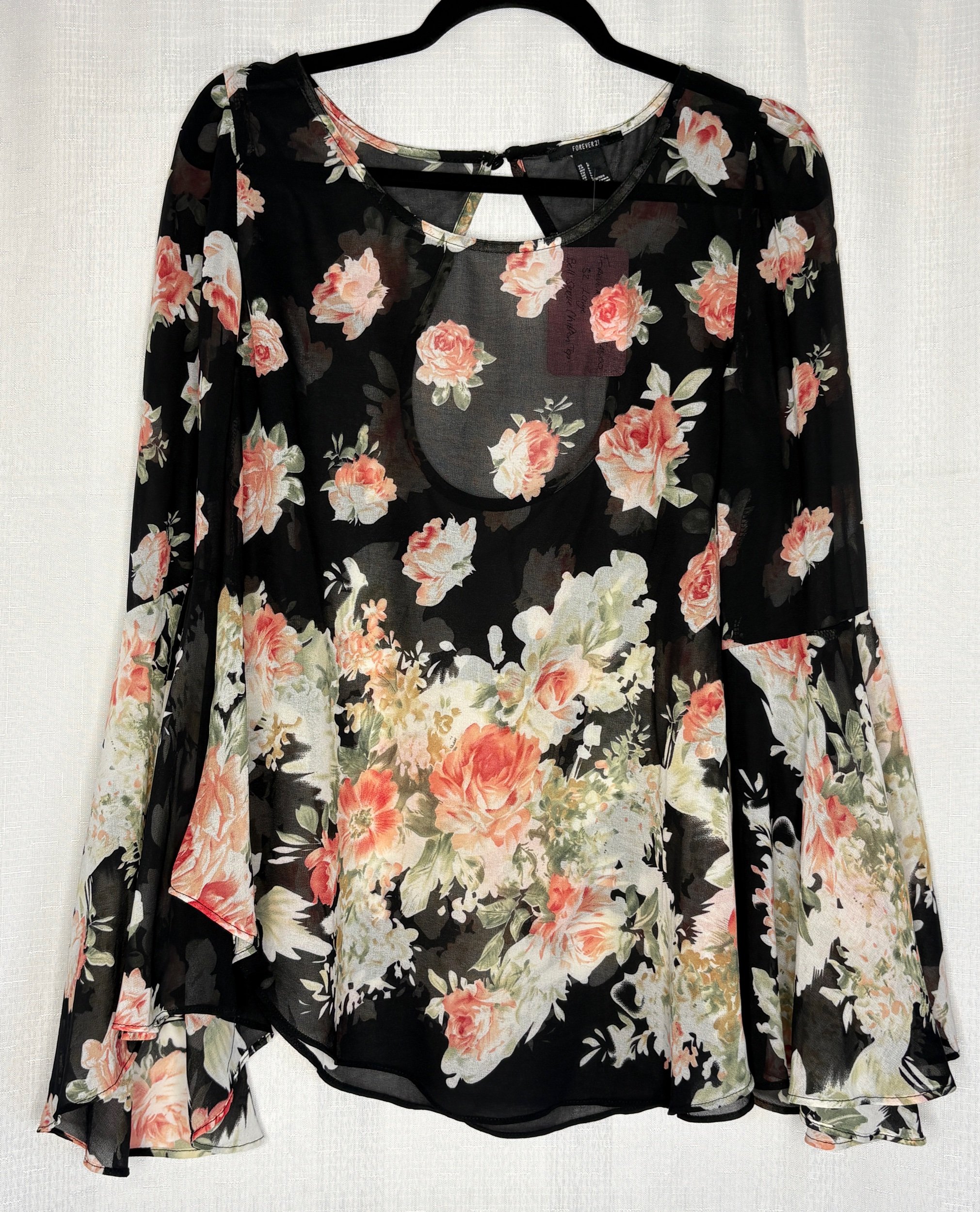 Black Chiffon Floral Bell Sleeve Boho Blouse - Casual Chic (Size L)