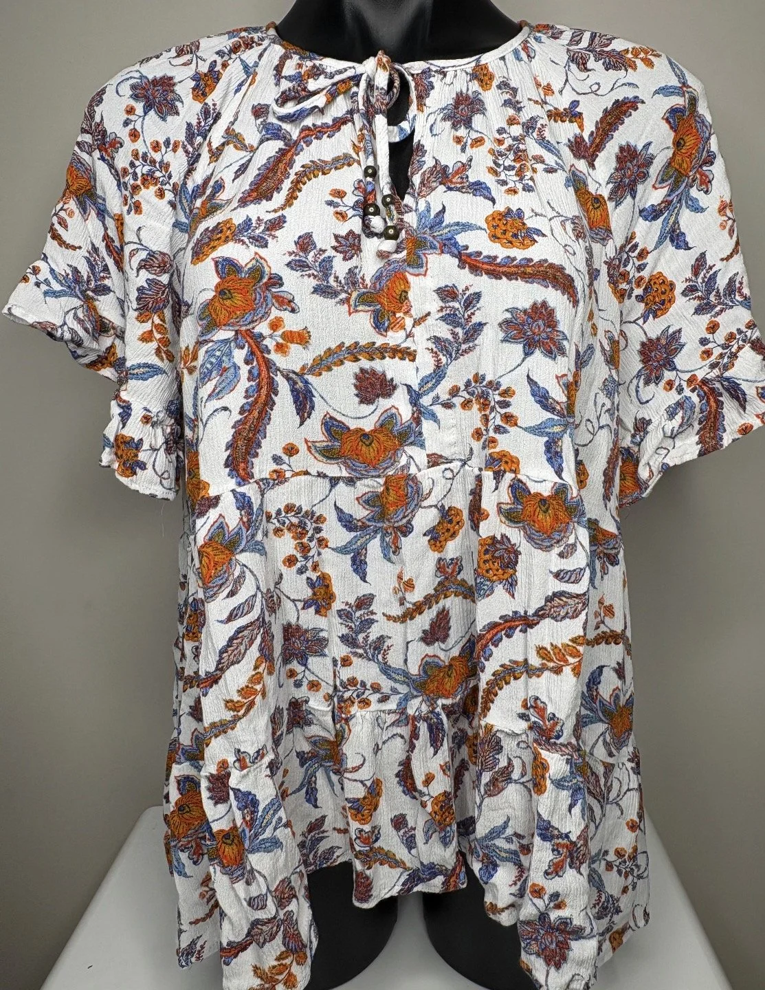 Swing Denim & Orange Floral Blouse- Relaxed Casual (Size 18)