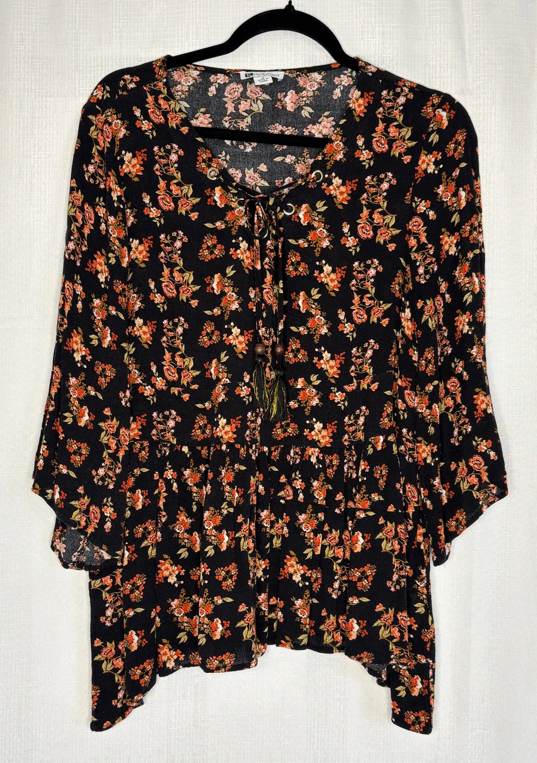 Black Boho Small Floral with Laced up Neck- Smart Casual (Size 12)