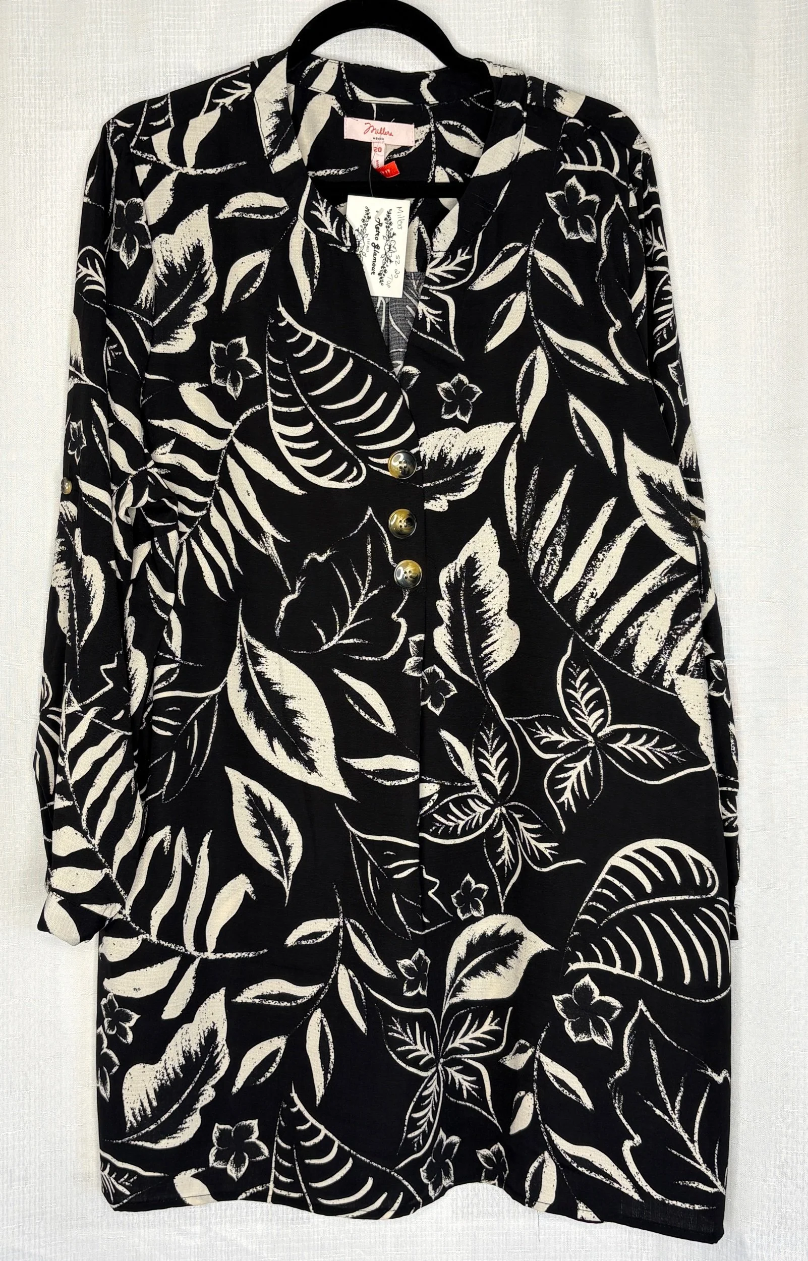 Plus Size Black Longline Large leaf Print - Boho Casual (Size 20)