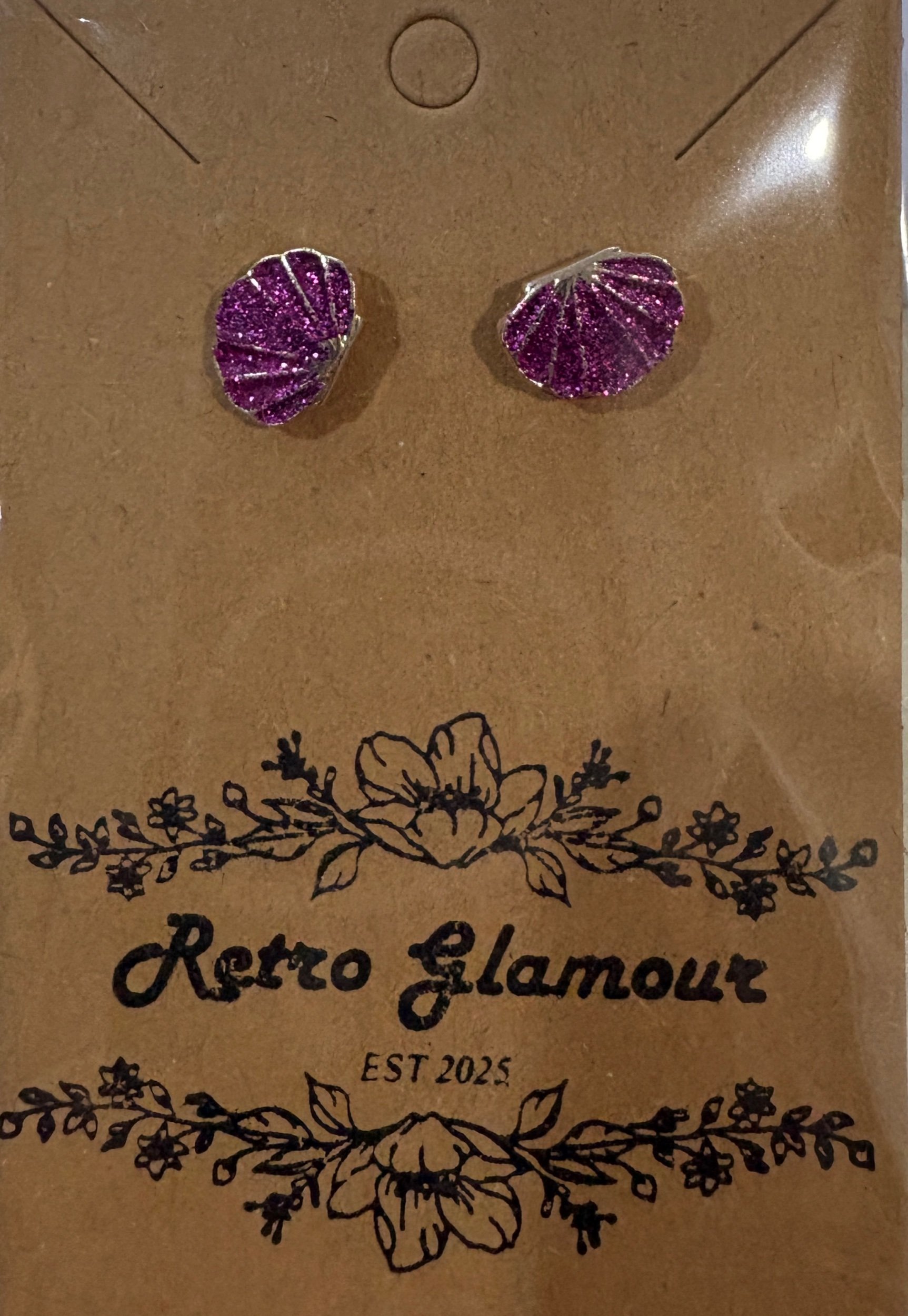 Pink Sparkly Clam Shell Stud Earrings