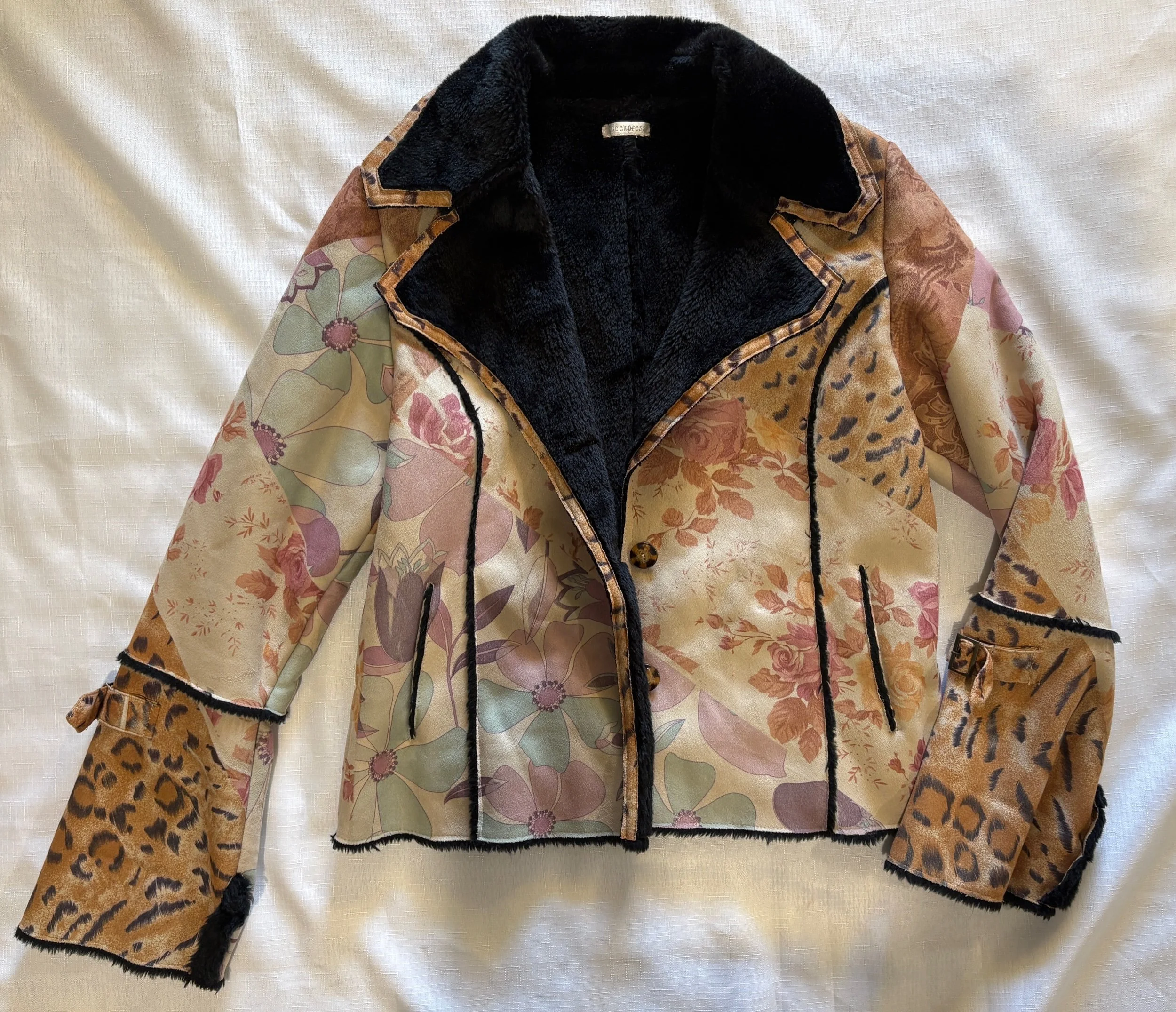 Vintage Floral & Leopard Print Fur Lined Jacket- Boho Chic (SIze 14)