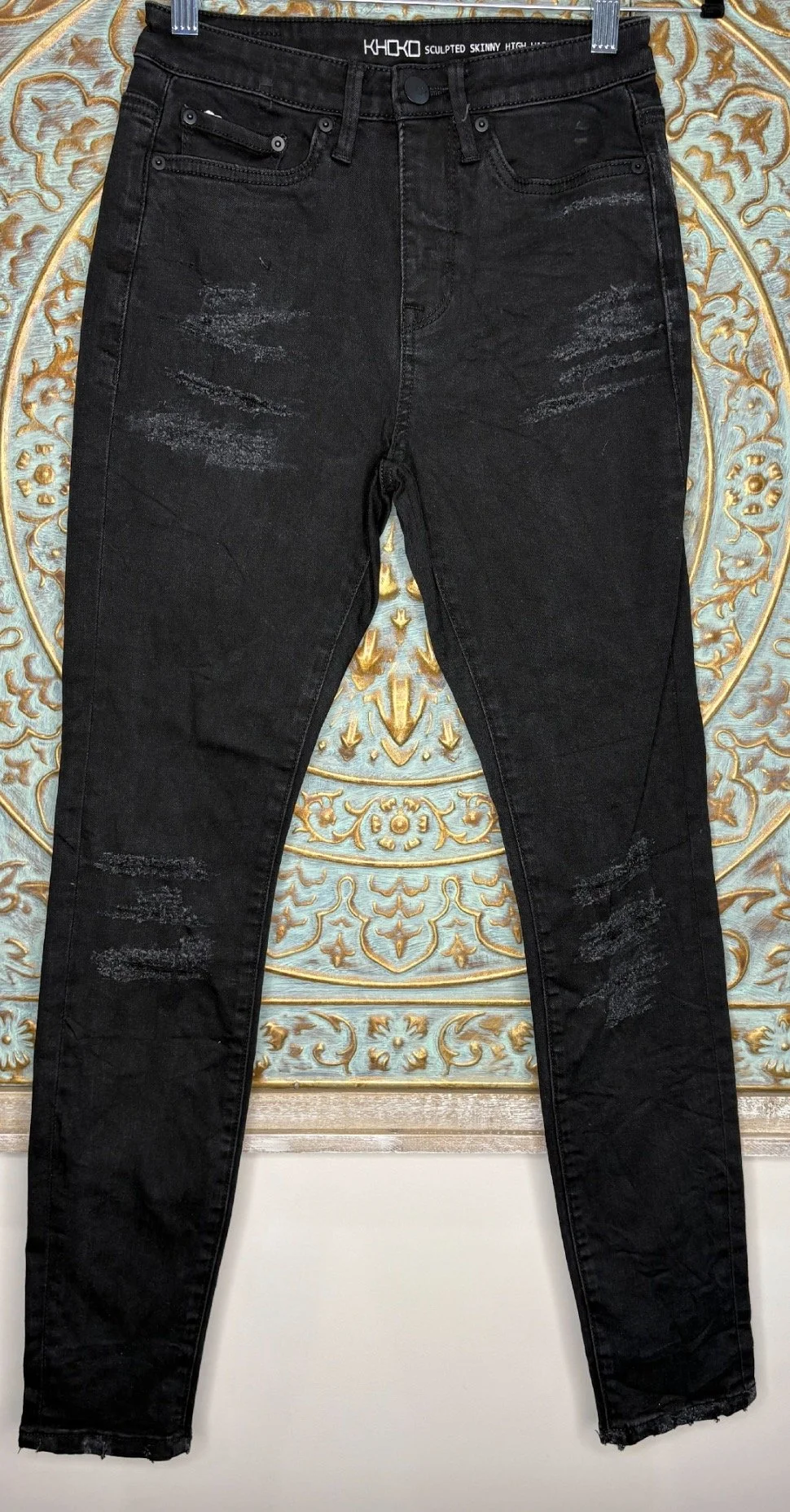 Black Distressed Denim Jeans - Edgy Vintage (Size 8)