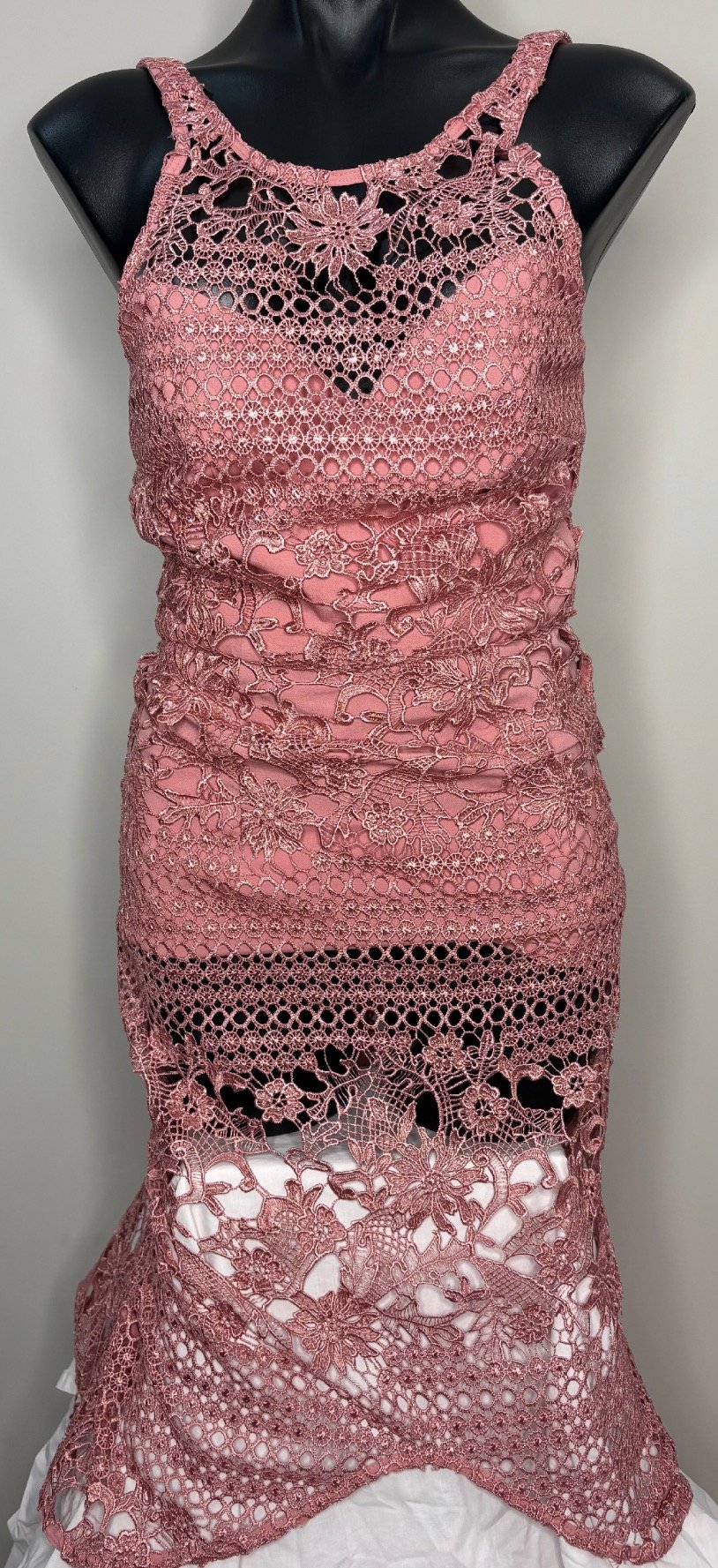 Pink Embroidered Halter Neck Dress - Smart Evening (Size 10)
