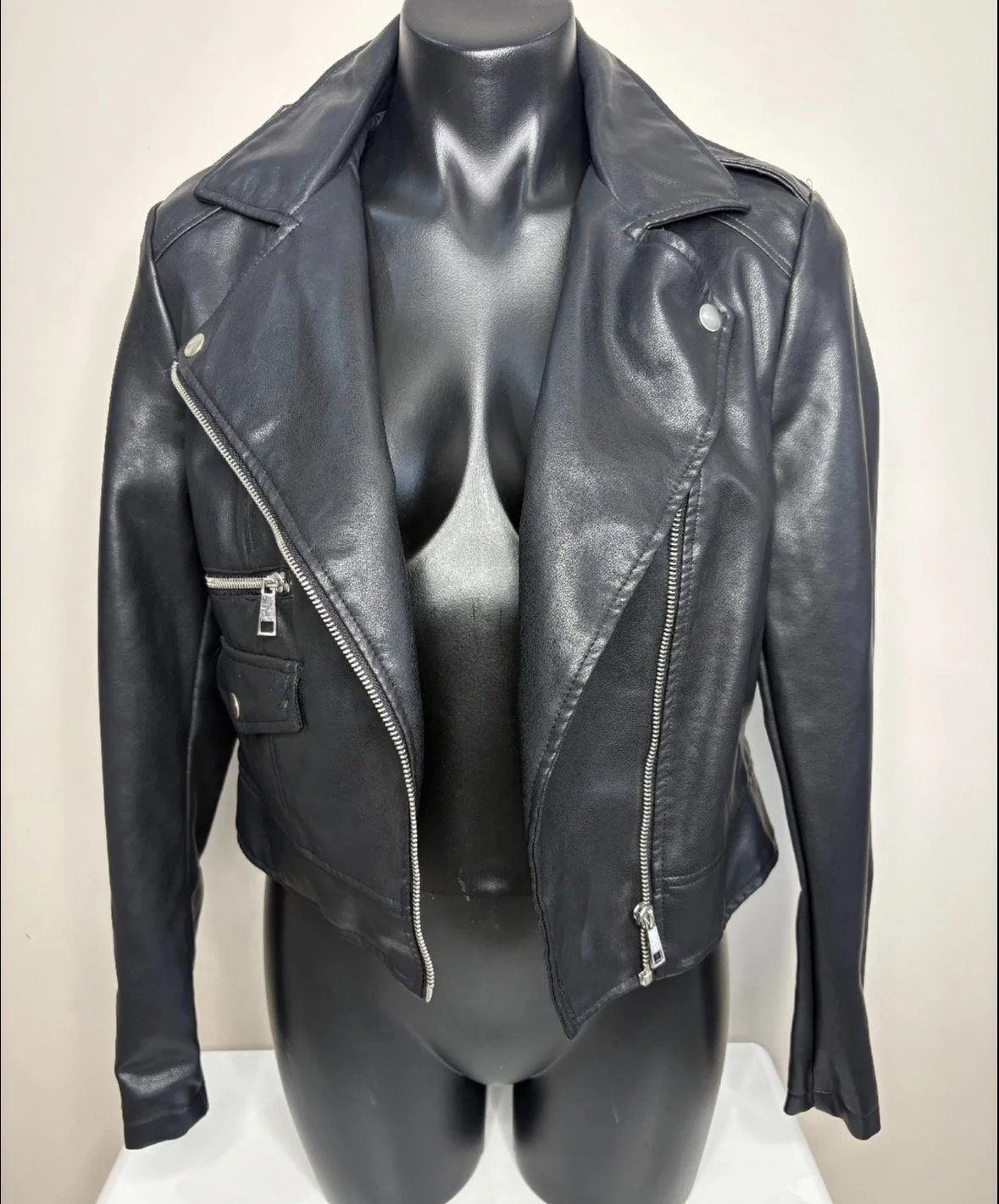 'Cotton On' Black Faux Leather Jacket - Biker Casual (Size 8)