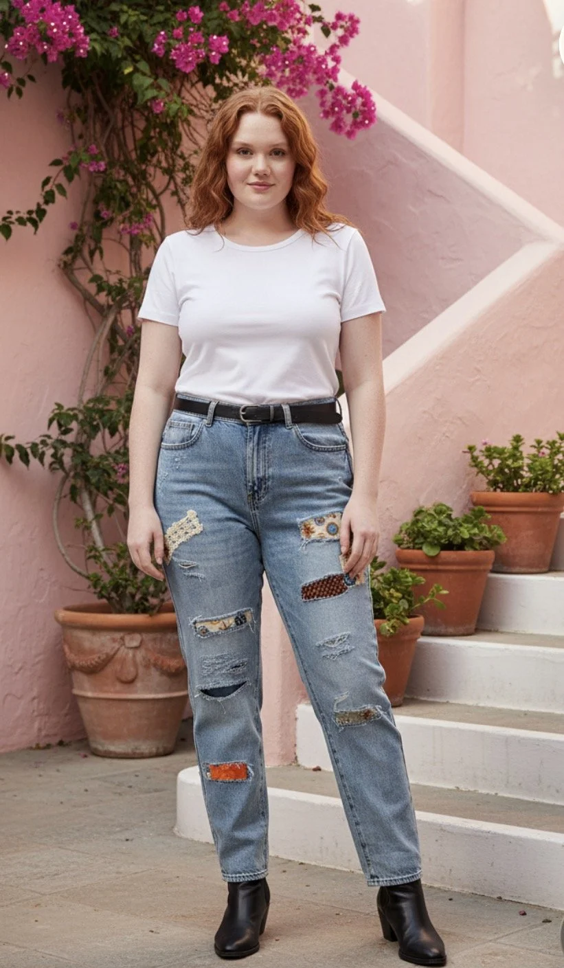 Distressed Upcycled  Boho Jeans - Edgy Casual Style (Size 10)