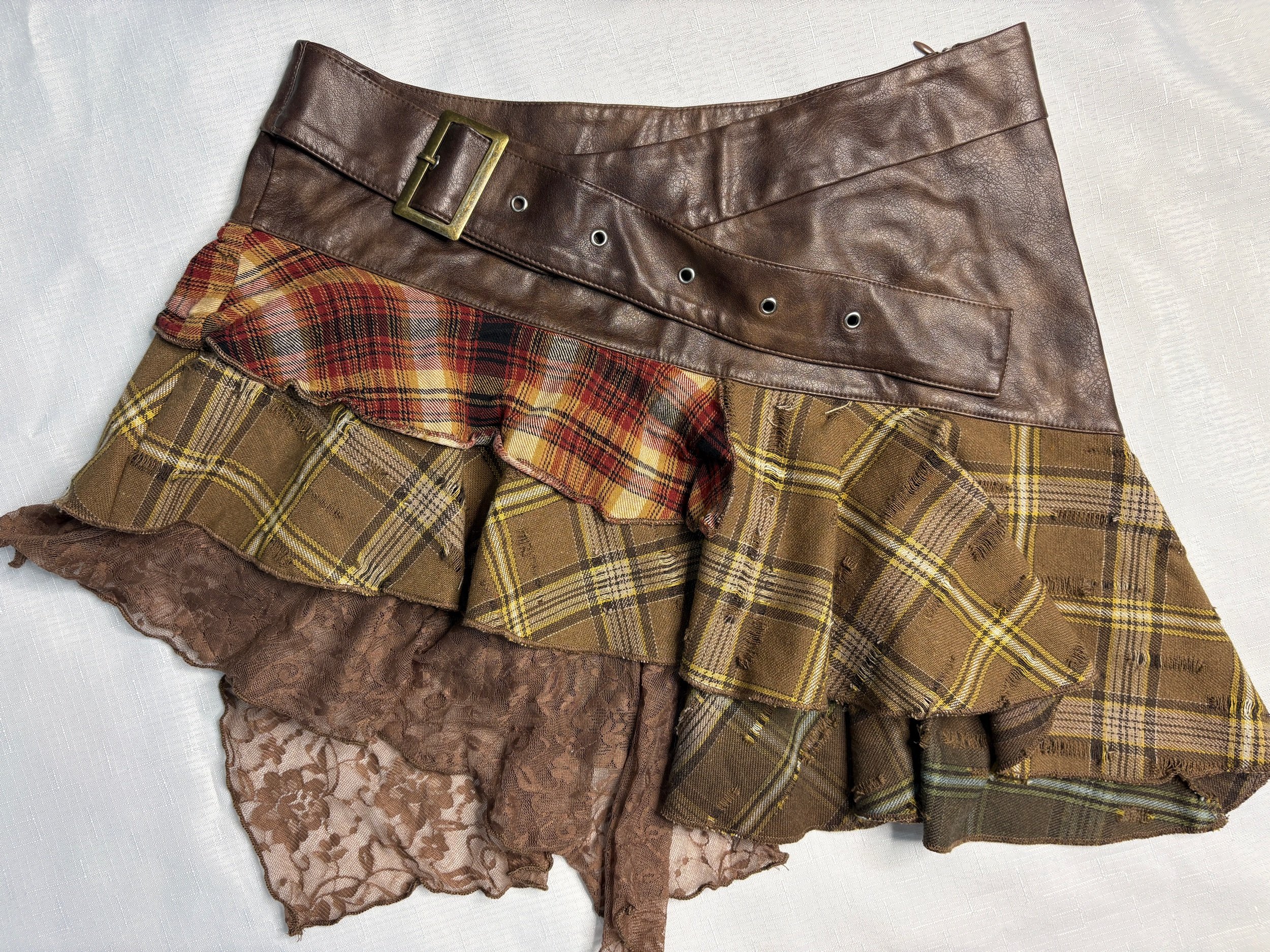 Brown & Tartan Layered Skirt - Punk Casual- (Size 14)