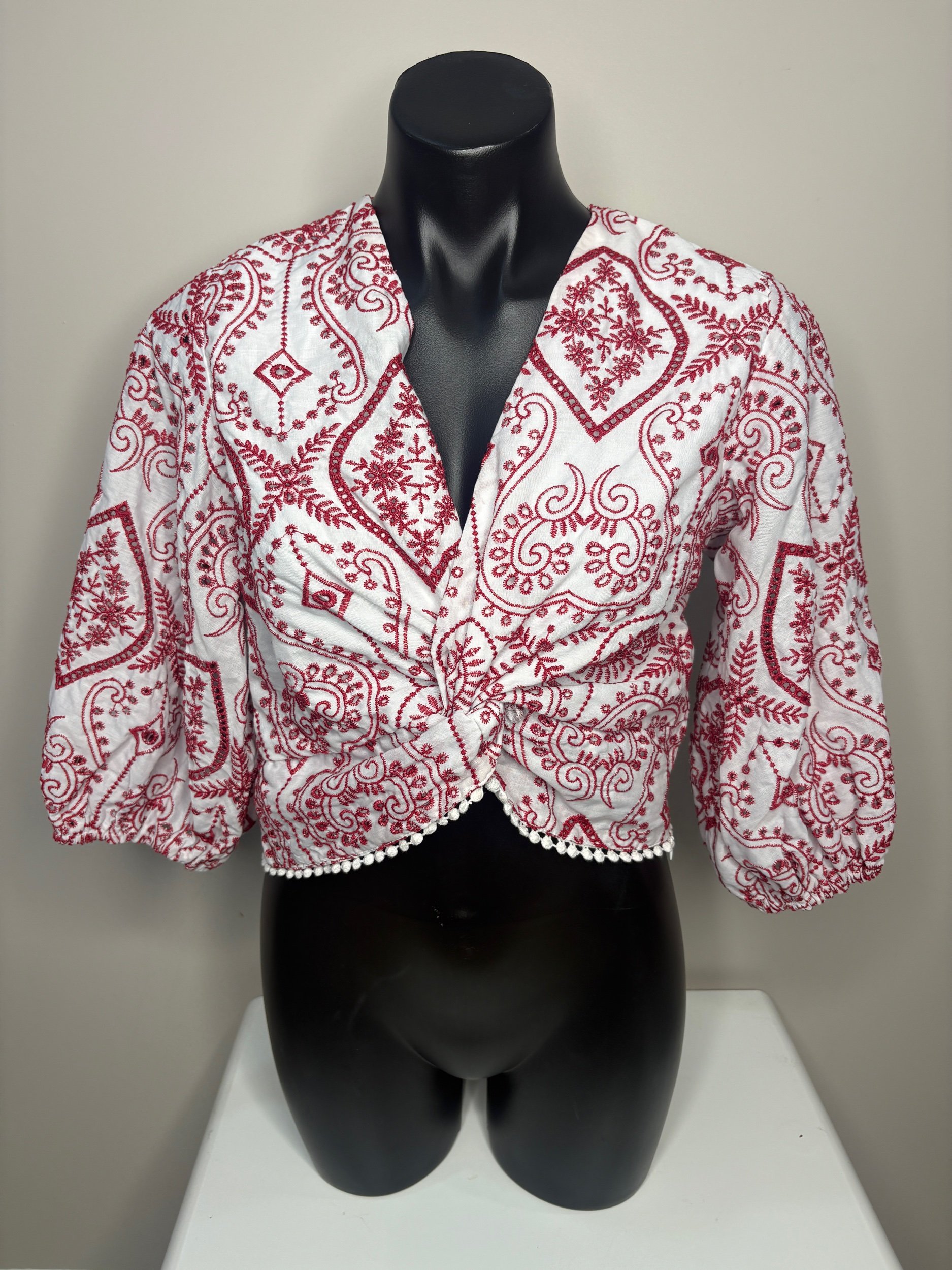 White w/Red Embroidered Bolero Twist Top - Smart Casual (Size 10)