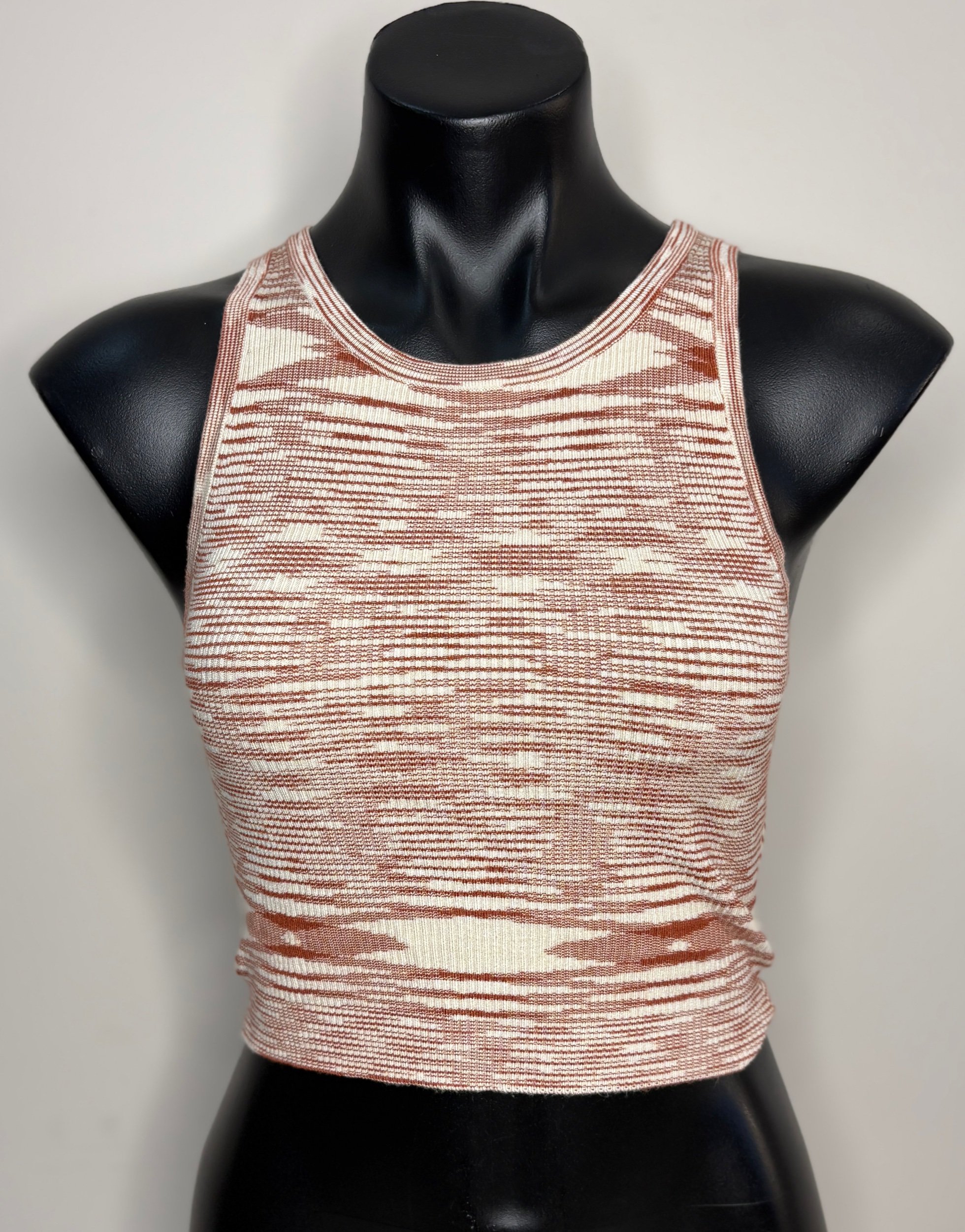 Beyond Her Brown & White Wavy Line Stretch Knit Crop Tank Top (Size10)