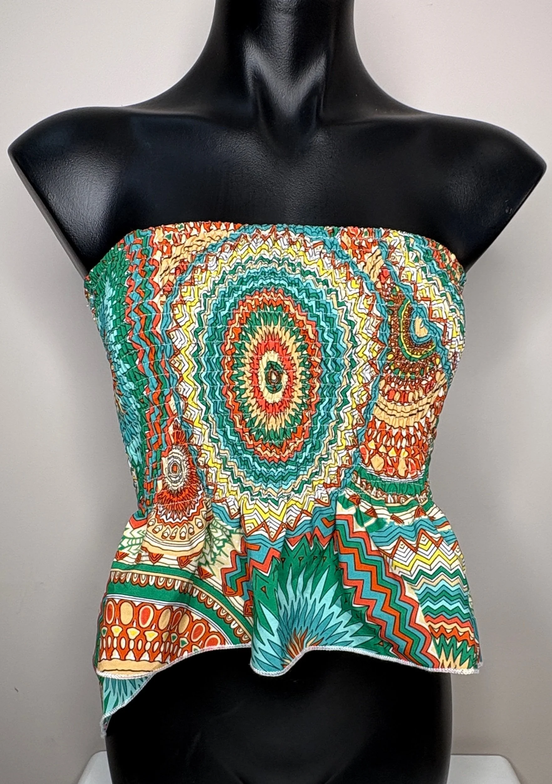 Green Aztec Print Shirred Strapless Hi - Low  top (Size 10/12)