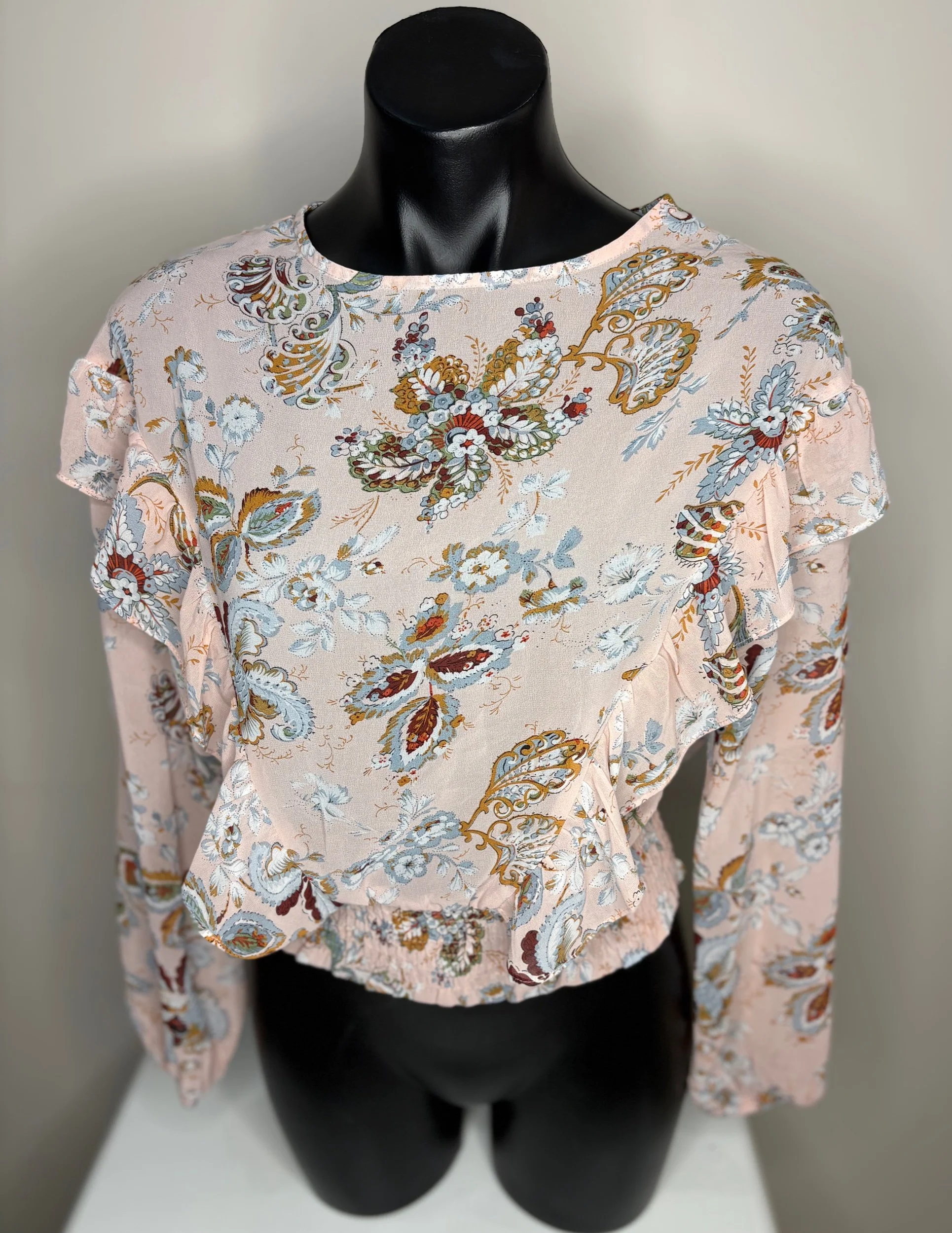 Vintage Look Powder Pink Chiffon Floral Gathered Long Sleeve Blouse (Size 8)