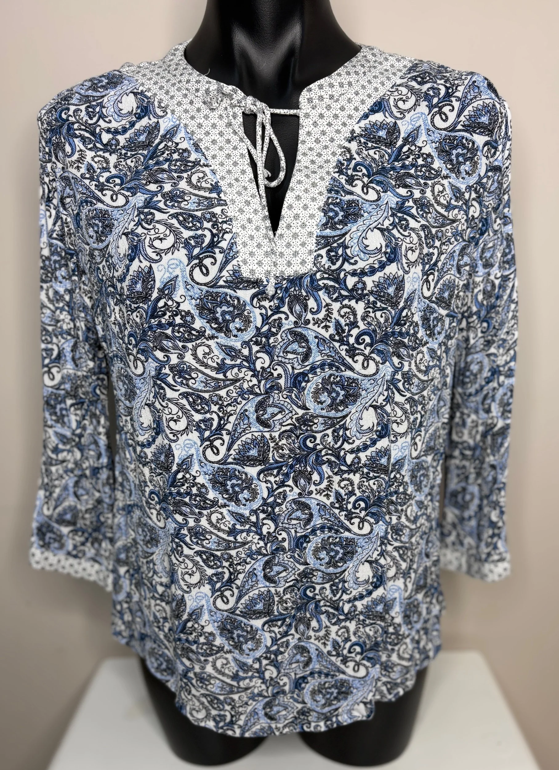 Boho Blue Textured Paisley Long Sleeve Top ( Size12)