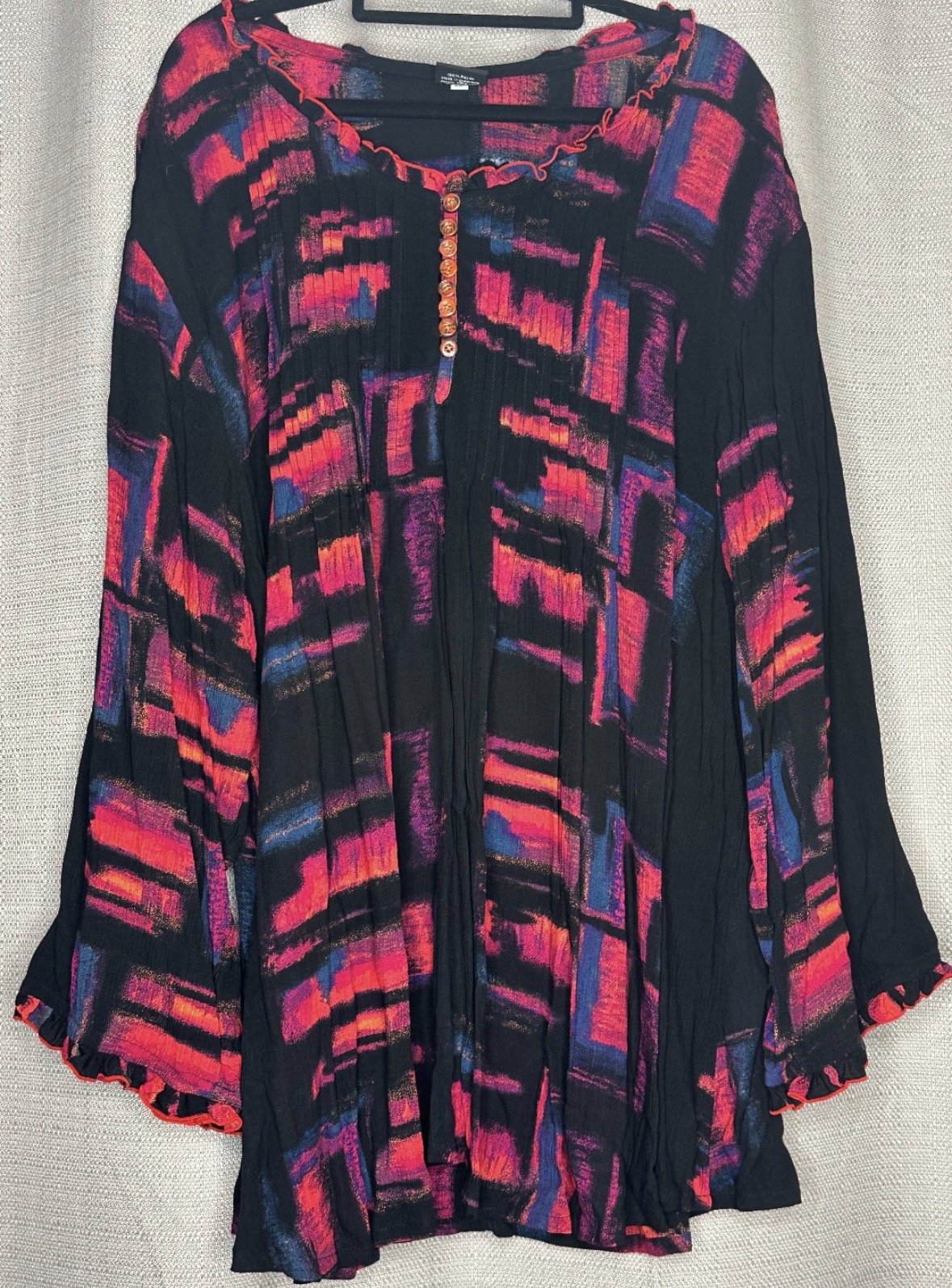*NEW 'Kita-Ku' Abstract Bright Orange/Purple/Blue Ruffle Blouse- (Size M/22)