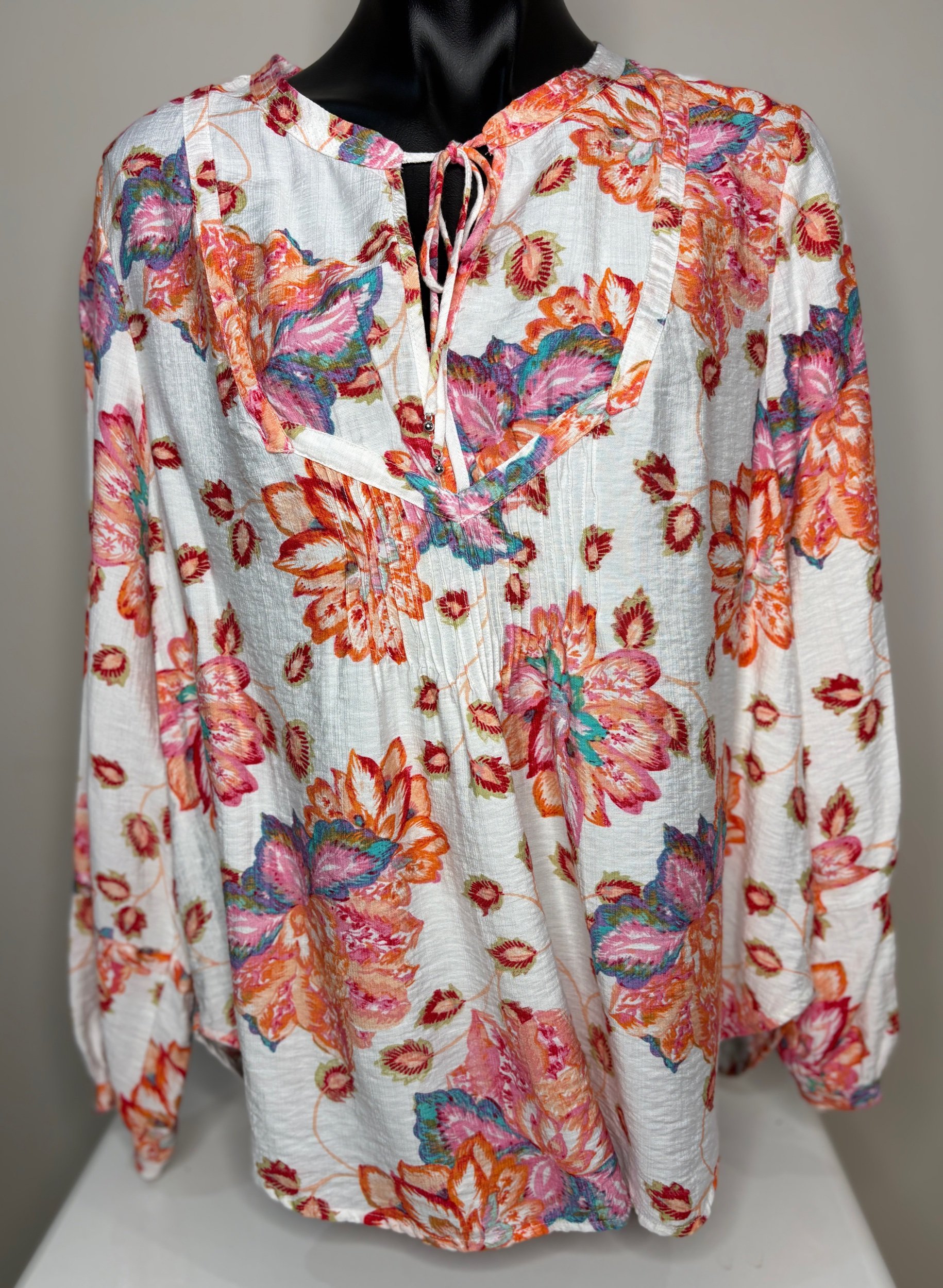 Summer Coloured Large Floral Print Linen Look Long Sleeve Top (Size 18)