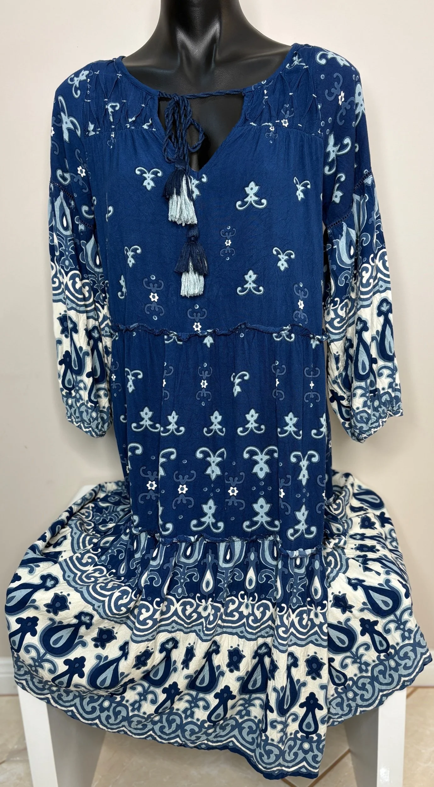 Adrift Navy Layered Long Sleeve Swing Dress (Size M)