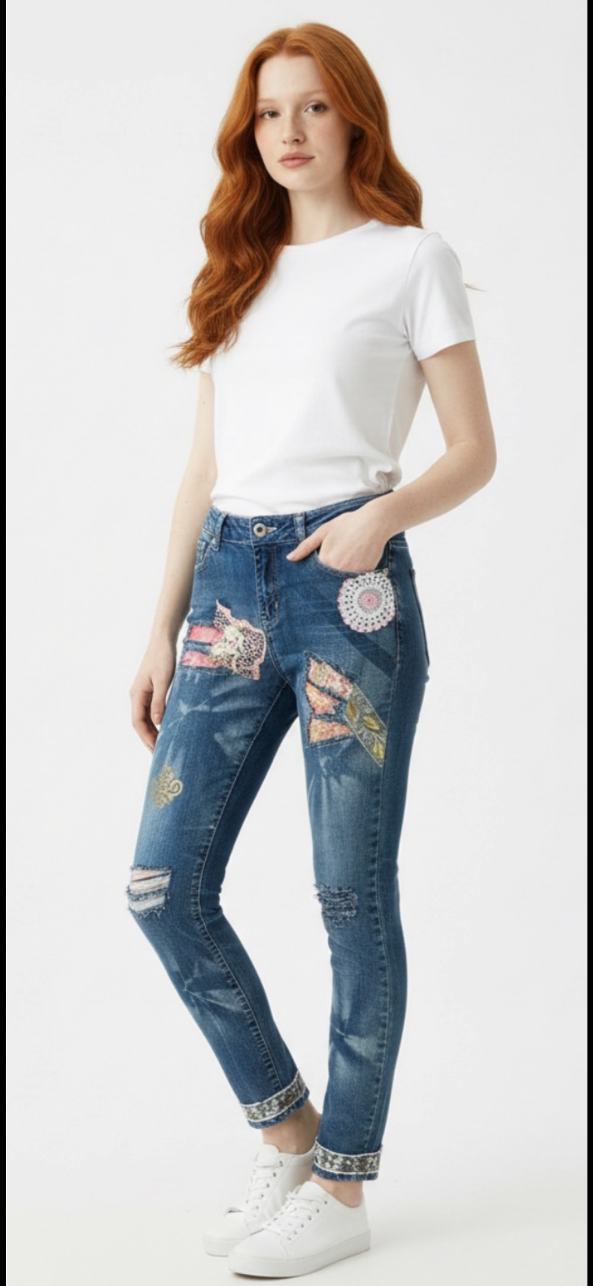 Distressed Pink Gold Patched Jeans - Unique (Size 10)