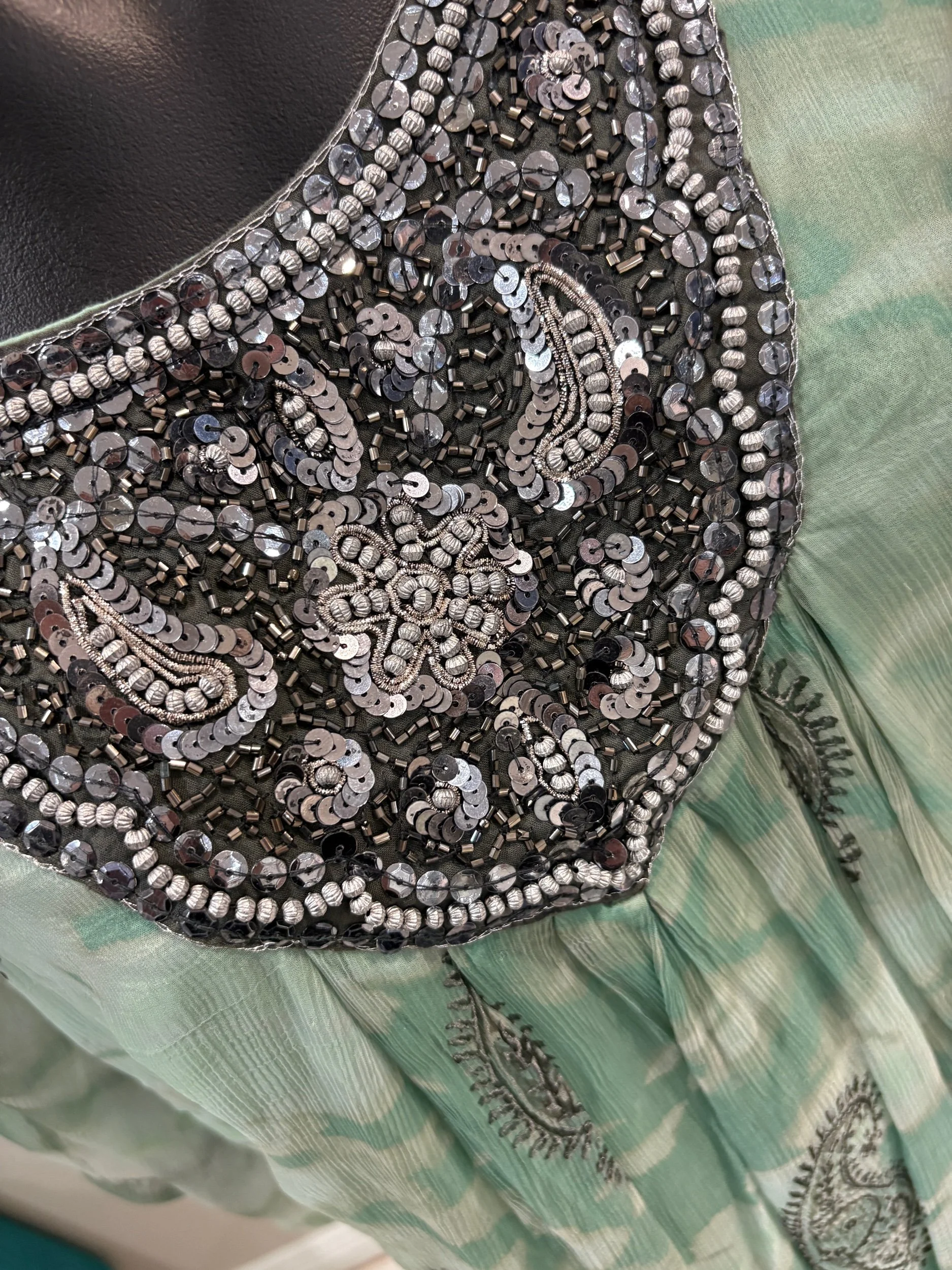 Caju Long  Layered Mint Bejewelled Top (Size L)-Retro Glamour
