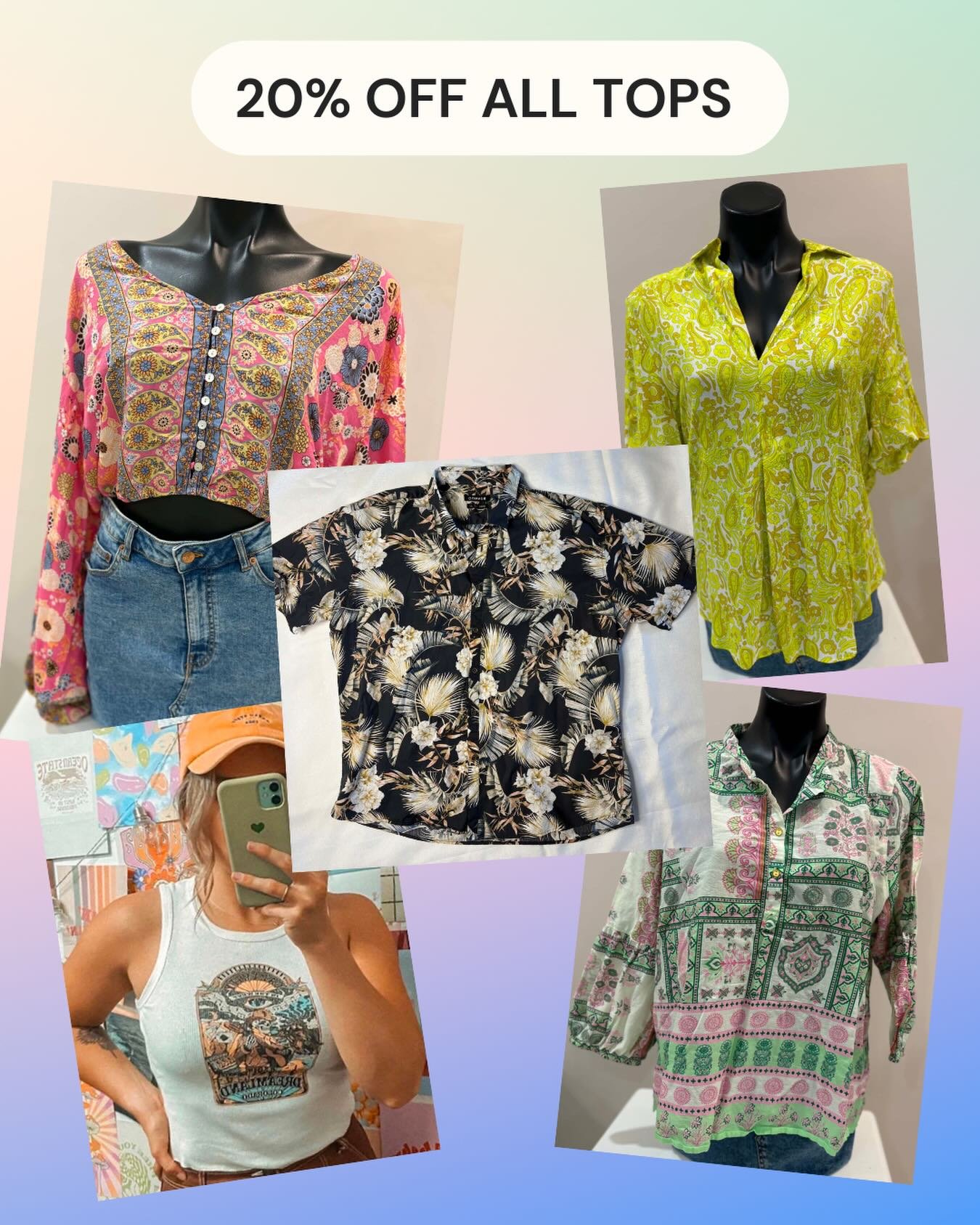 🔥👕 20% OFF ALL TOPS 👕🔥
For ONE WEEK ONLY!￼ 🛍️✨

That&rsquo;s right &mdash; ALL tops are now 20% OFF including:
👚 Women&rsquo;s styles
👕 Men&rsquo;s styles
✨ Brand NEW ARRIVALS
🖤 Vintage &amp; pre-loved finds
📏 All sizes &amp; styles

From gr