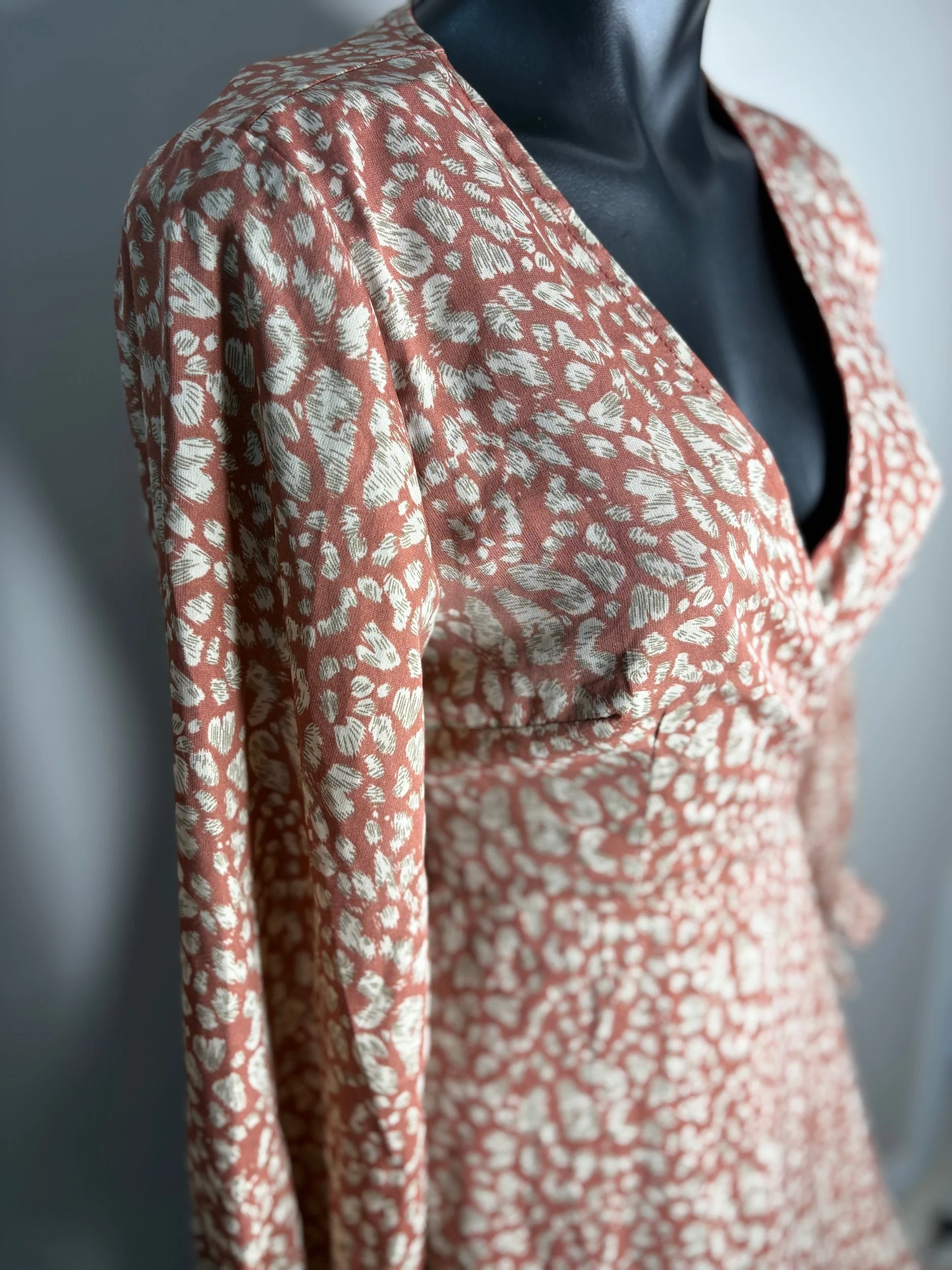 Henry Oscar Sophisticated Copper Print Wrap Dress (Size 8)- Retro Glamour