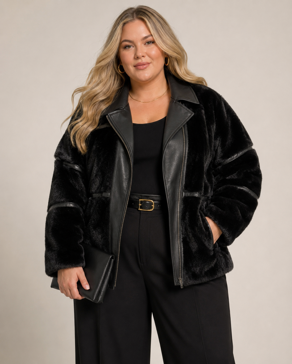 Plus Size 'You + All' Black Faux Leather + Fur Coat- Casual (Size 20)