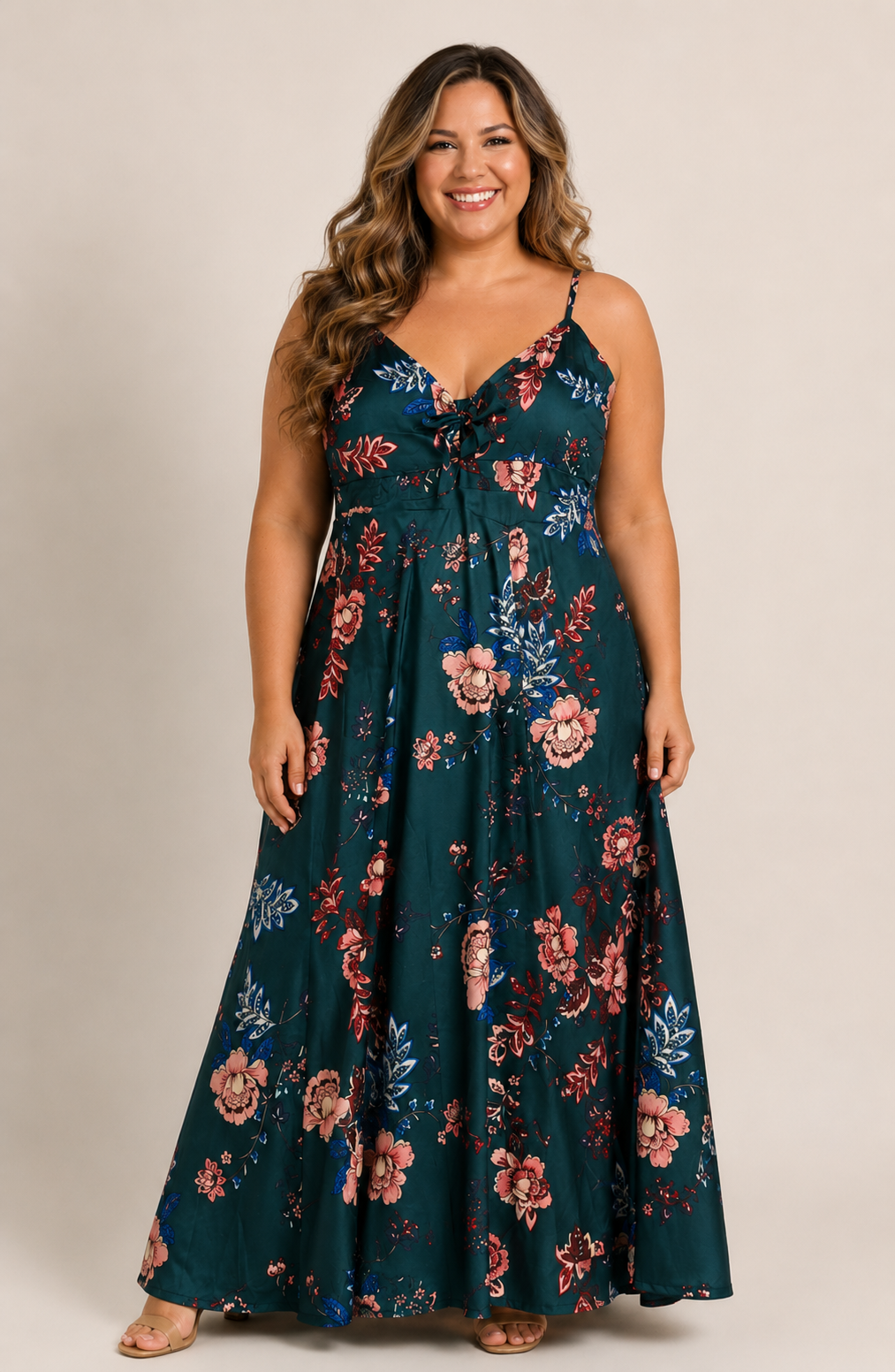 Plus Size Emerald Green Satin Floral Maxi Print Dress  (Size 16)- Retro Glamour
