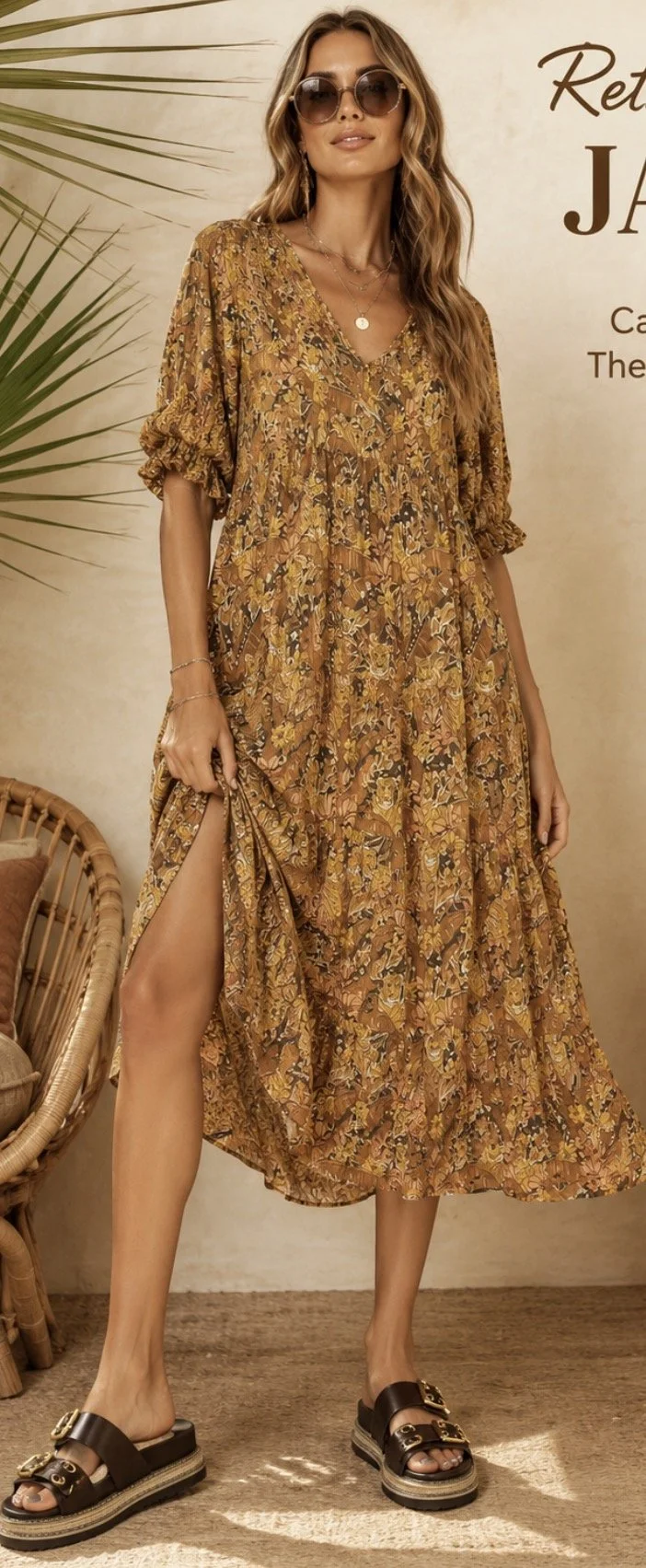 JAASE Caramel African Theme Boho Maxi Dress- (Size L)- Retro Glamour