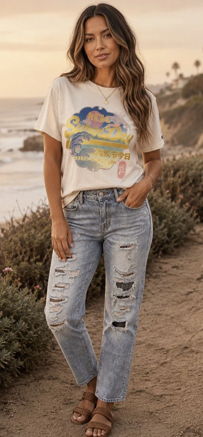 'Guess' Straight Leg Distressed Boho Jeans (Size 8)- Retro Glamour