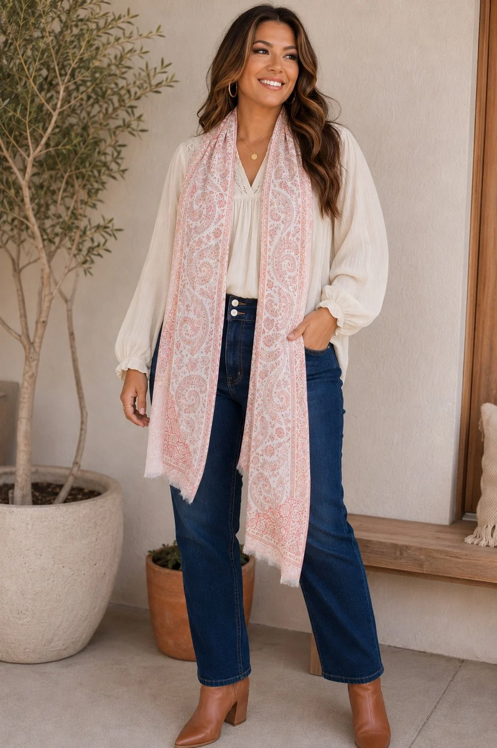 Blush Pink Paisley Floral Print Scarf - Retro Glamour