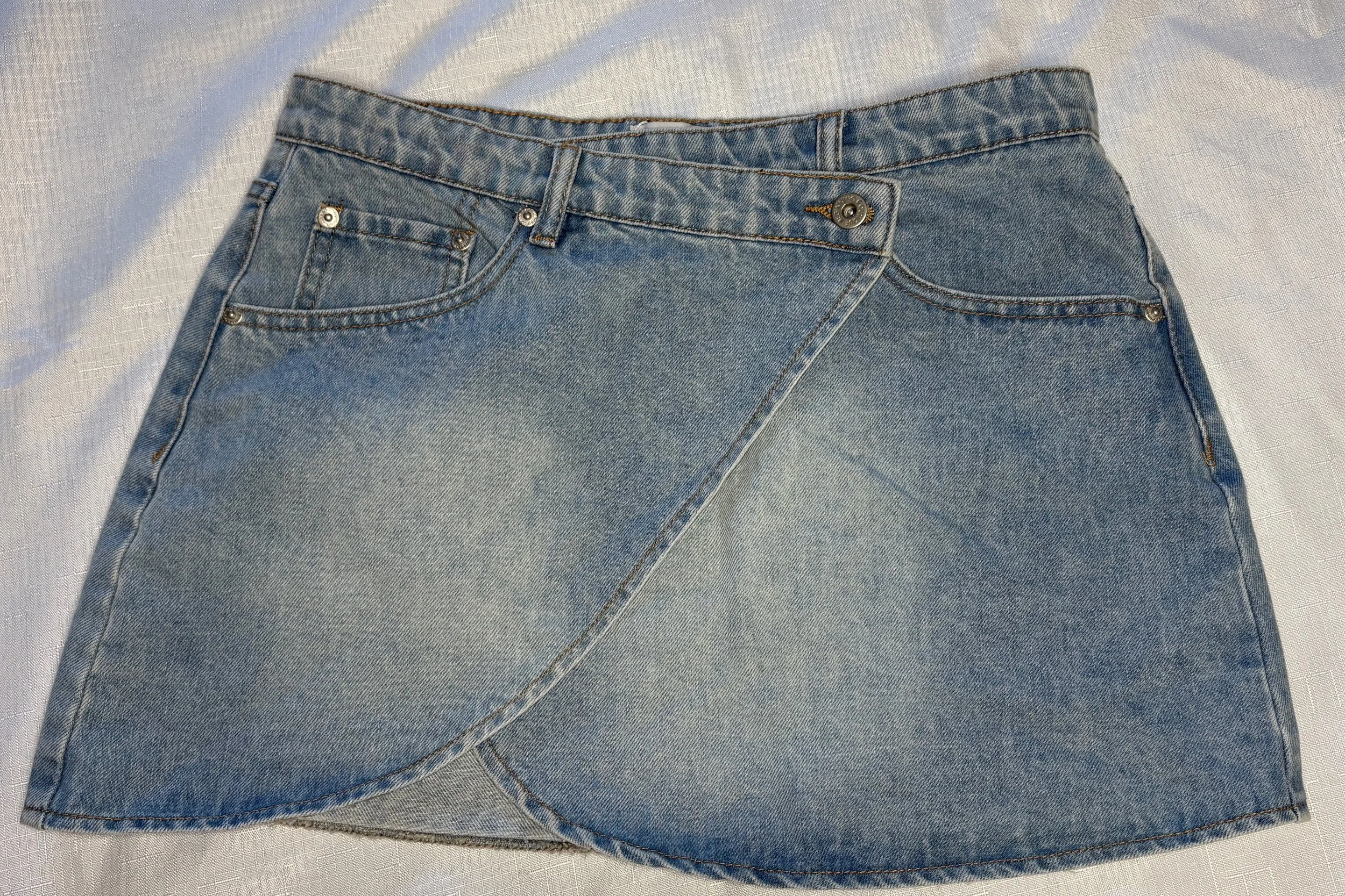 Beginning Boutique Asymetrical Denim Wrap Skirt (Size 8)-Retro Glamour
