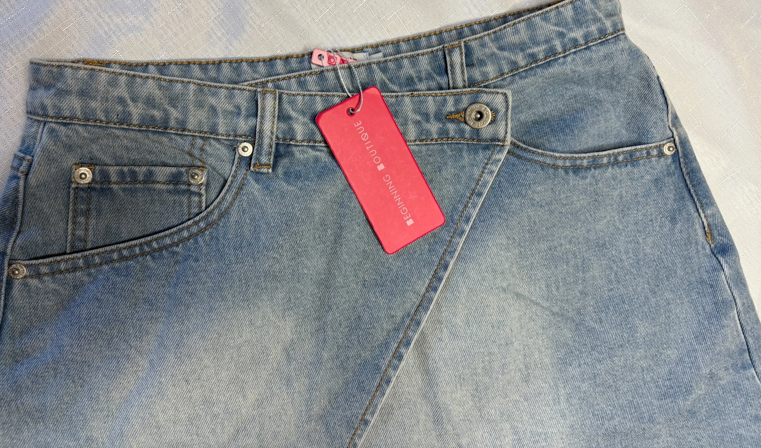 Beginning Boutique Asymetrical Denim Wrap Skirt (Size 8)-Retro Glamour