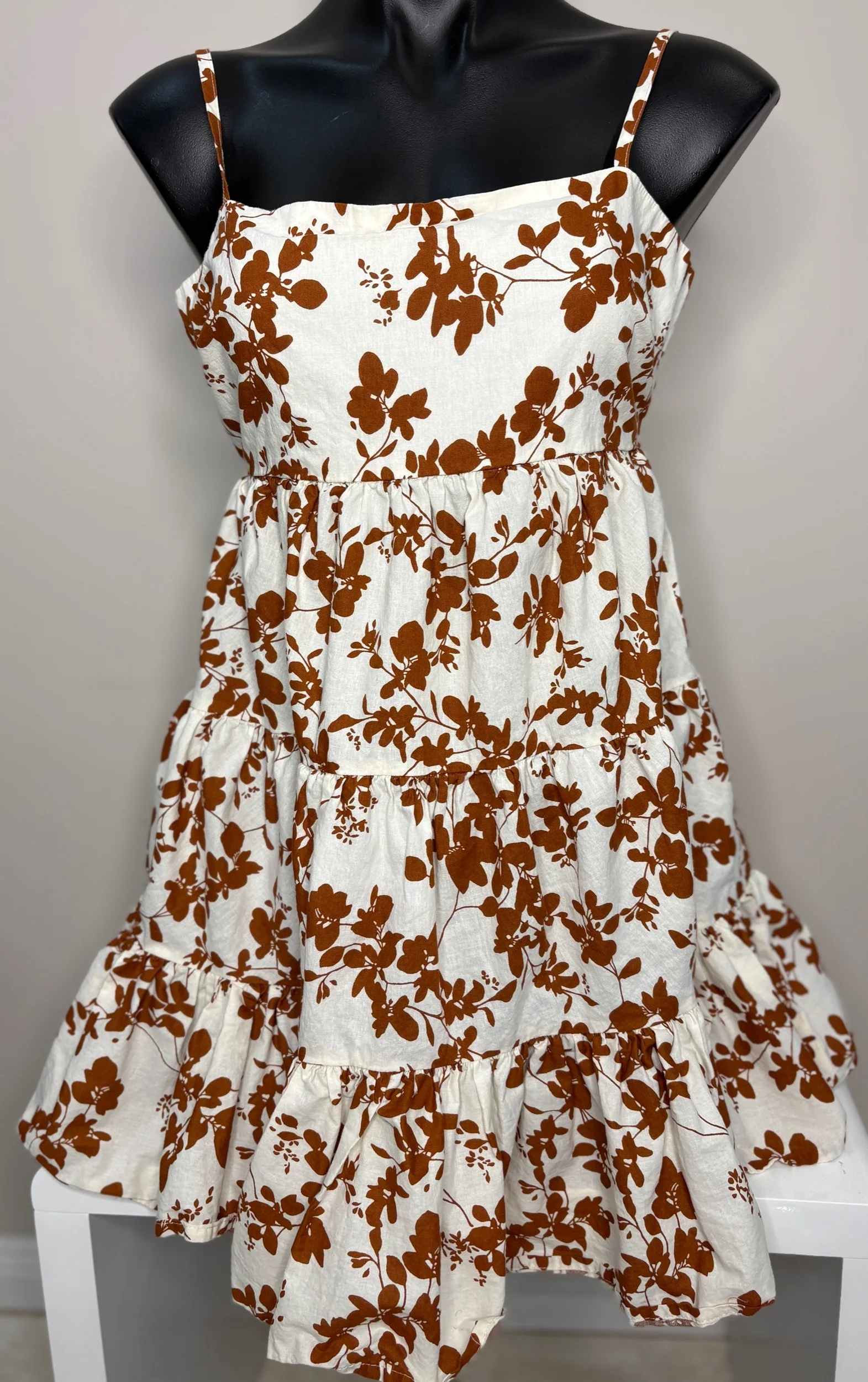 SHOWPO Cream & Chocolate Floral Spaghetti Strap Mini Dress (Size 14)-Retro Glamour