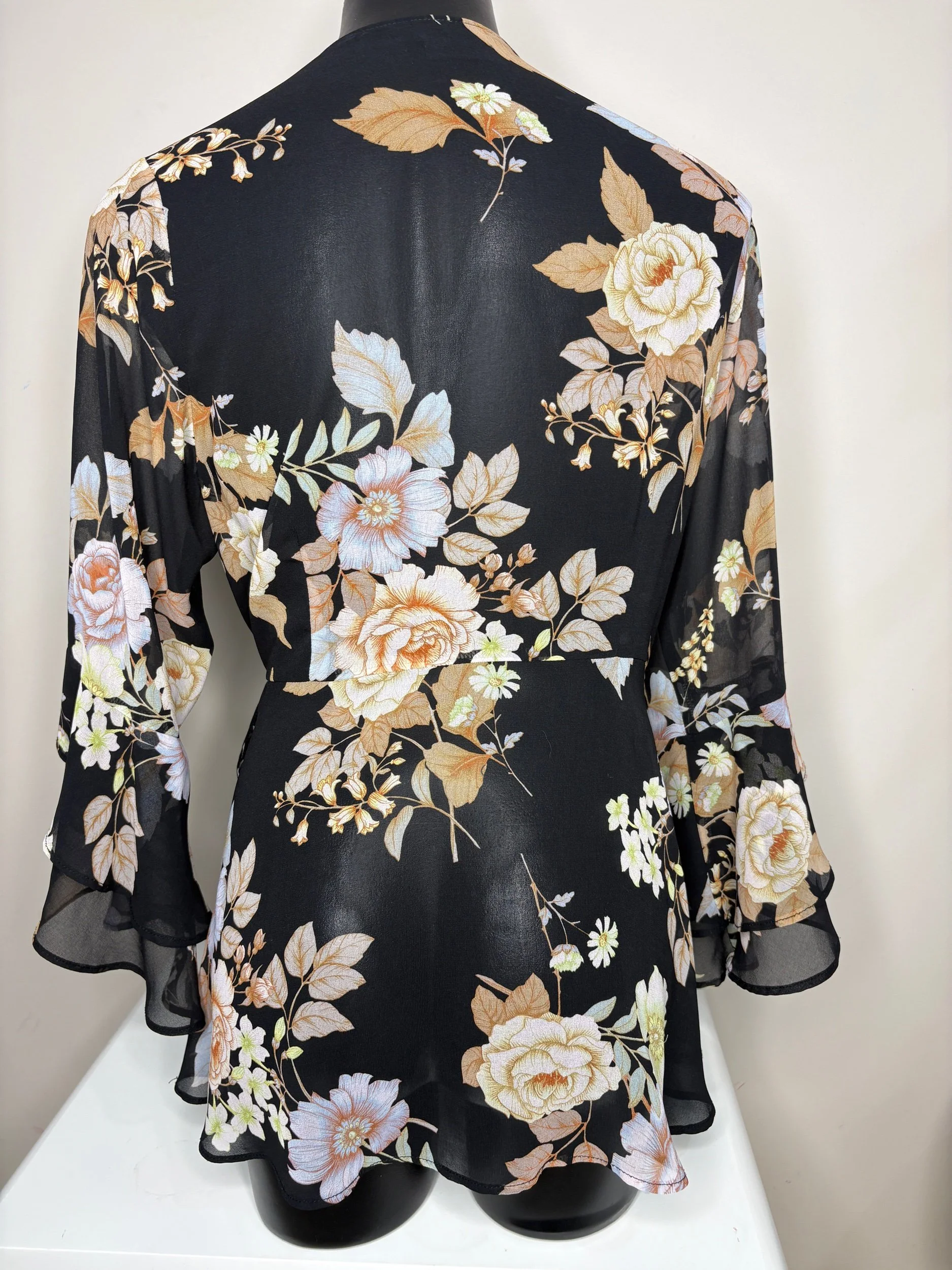 City Chic Black Sheer Floral Wrap top (size XS)- Retro Glamour