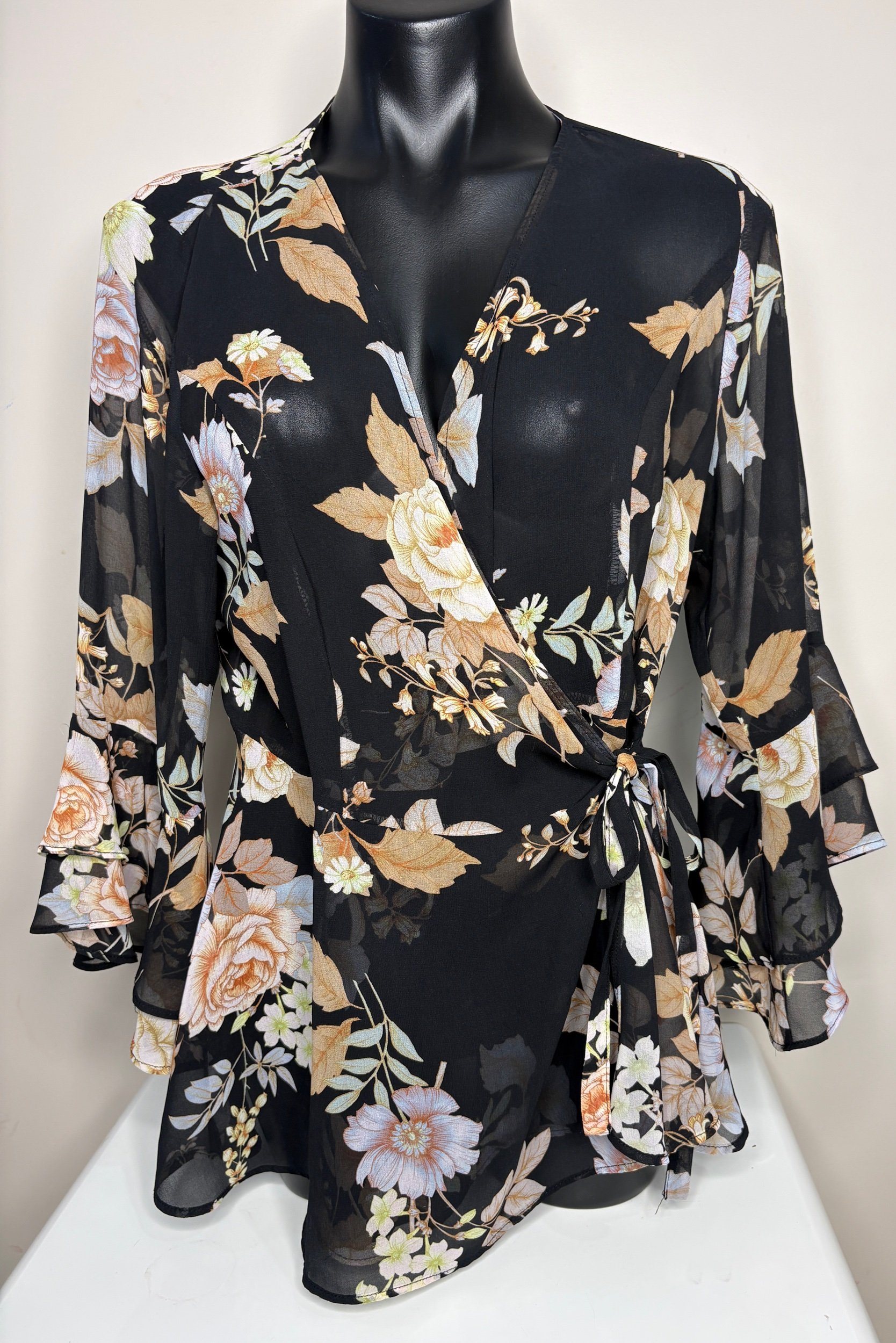 City Chic Black Sheer Floral Wrap top (size XS)- Retro Glamour
