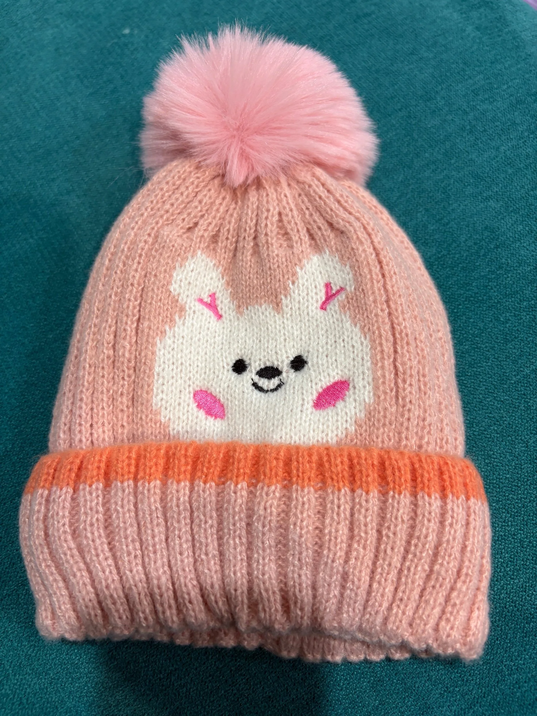 Kids Pink Bunny Beanie with Pom Pom - Size 1-5 years -Retro Glamour