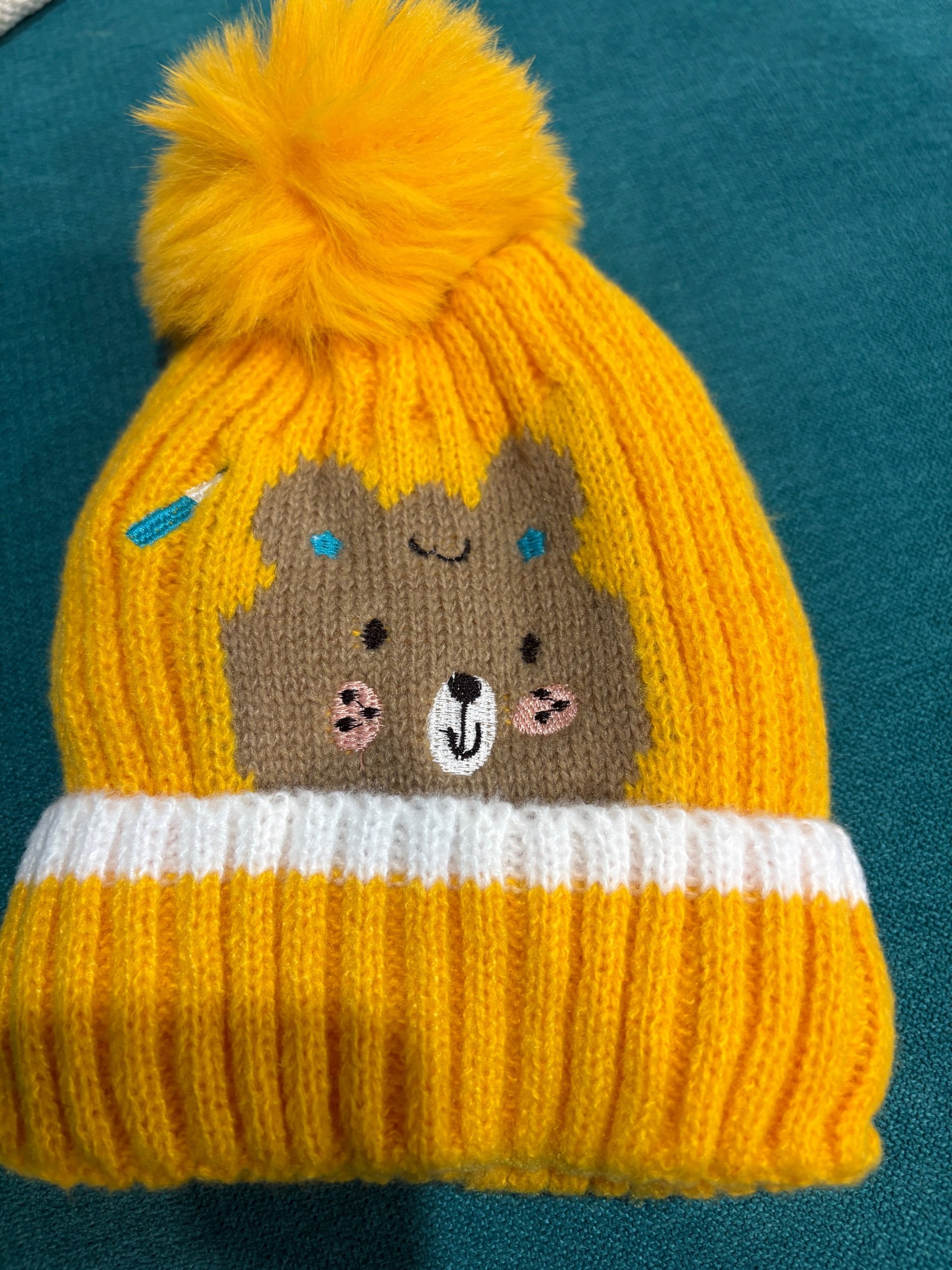 Kids Yellow Teddy  Beanie with Pom Pom - Size 1-5 years -Retro Glamour
