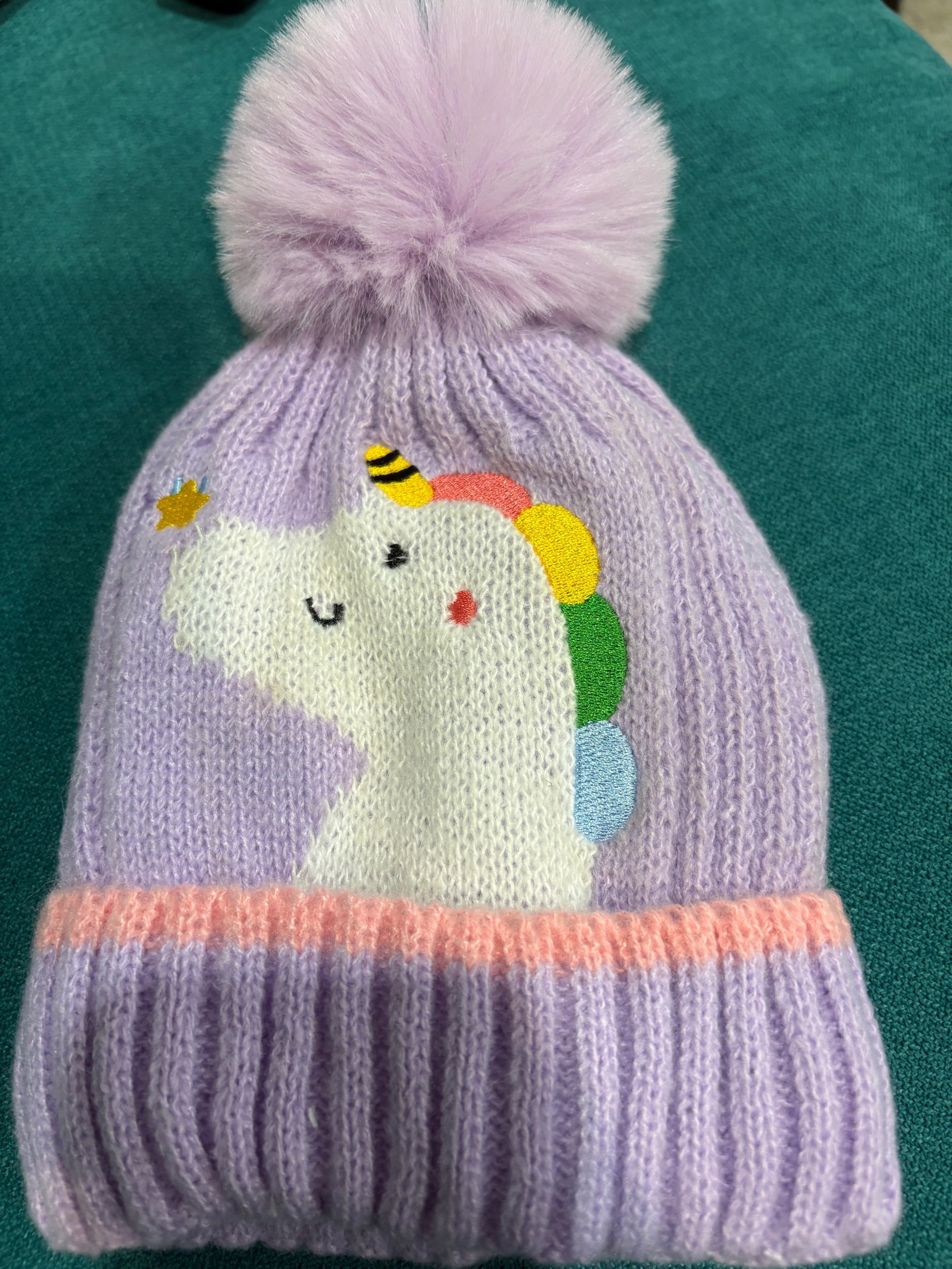 Kids Lilac Unicorn  Beanie with Pom Pom - Size 1-5 years -Retro Glamour
