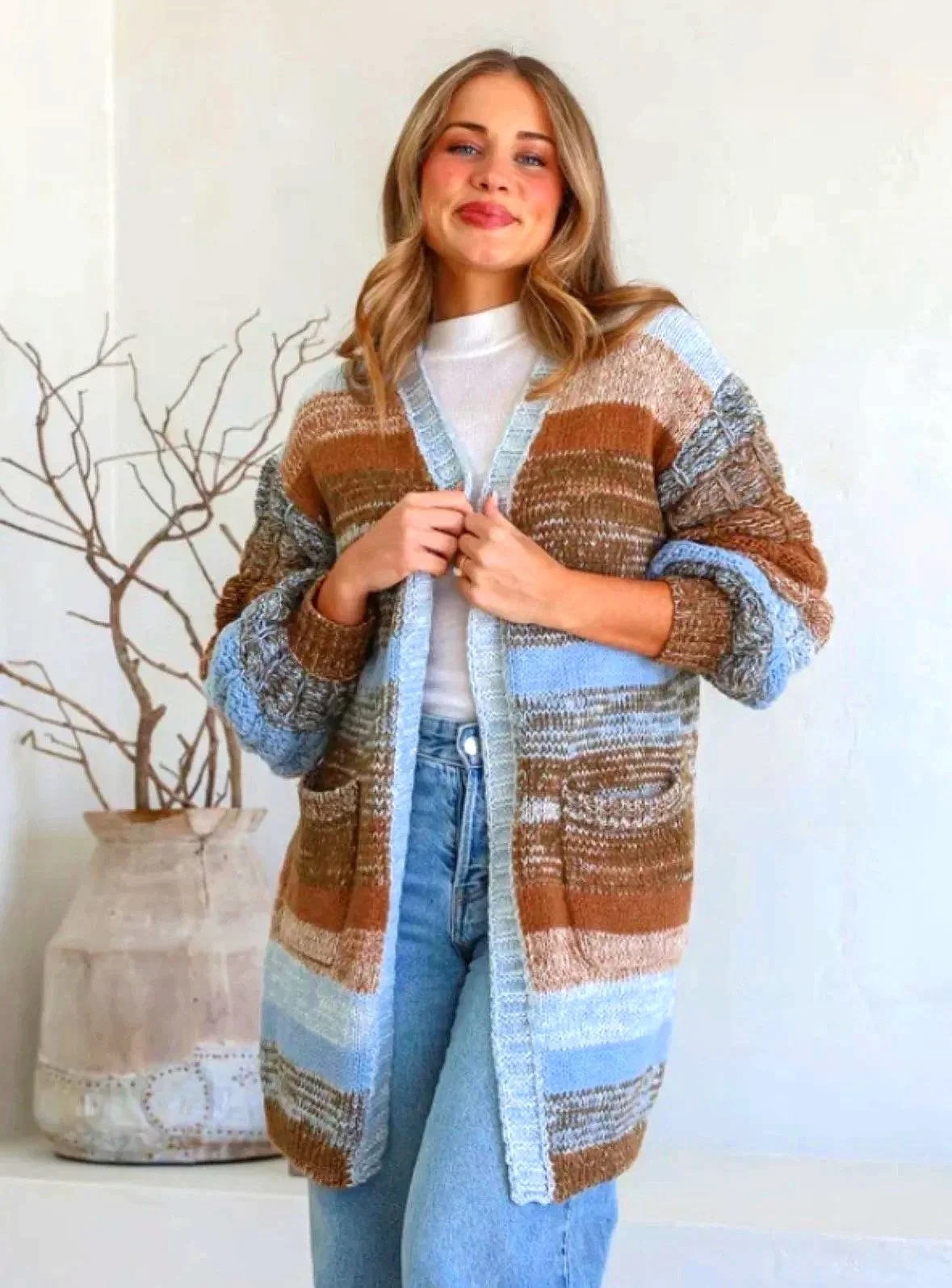 Chocolate Blue Striped Knitted Cardigan (Size M/L)-Retro Glamour