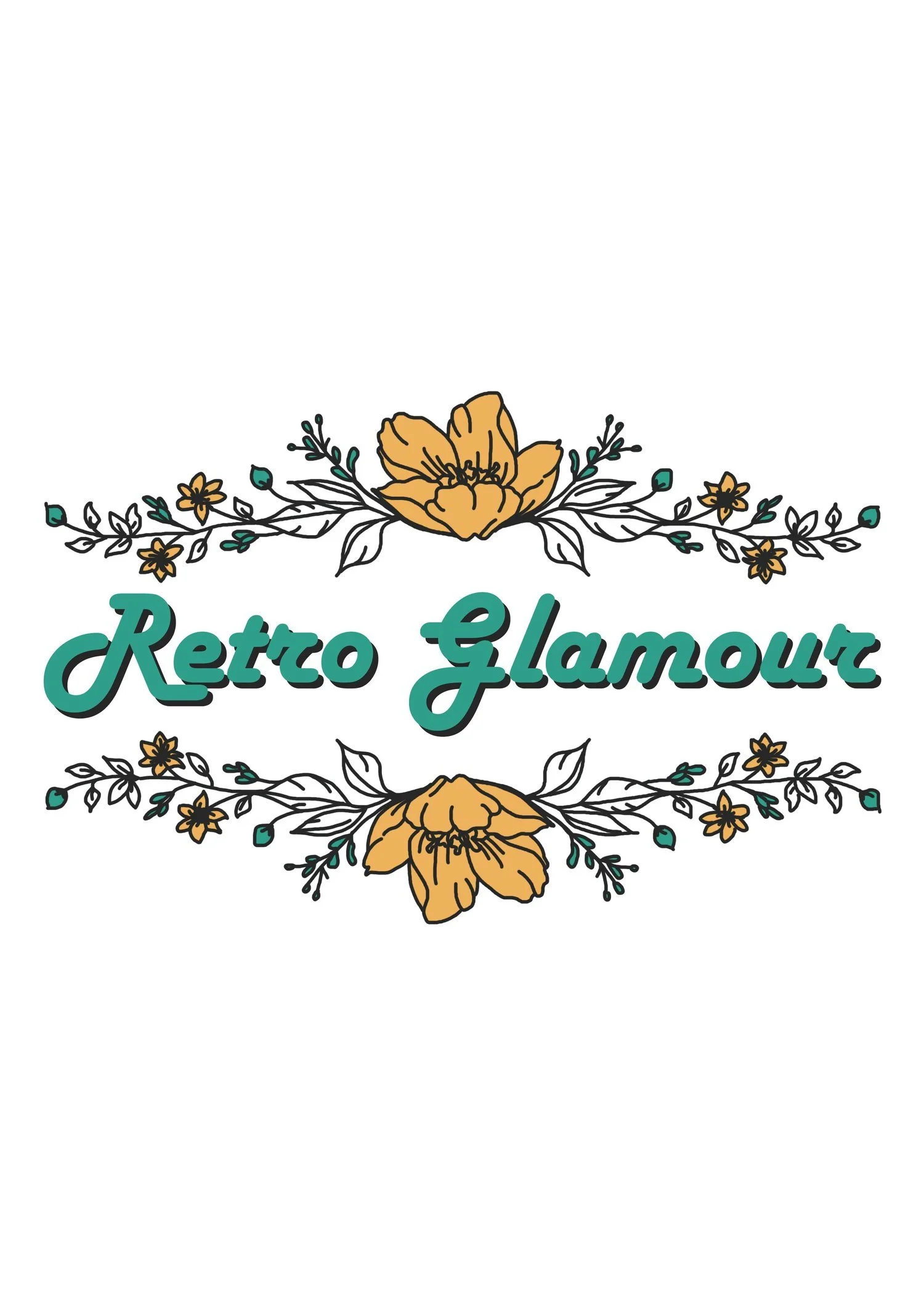 Decorative floral design with yellow flowers and green leaves above the text "Retro Glamour" in teal cursive font.