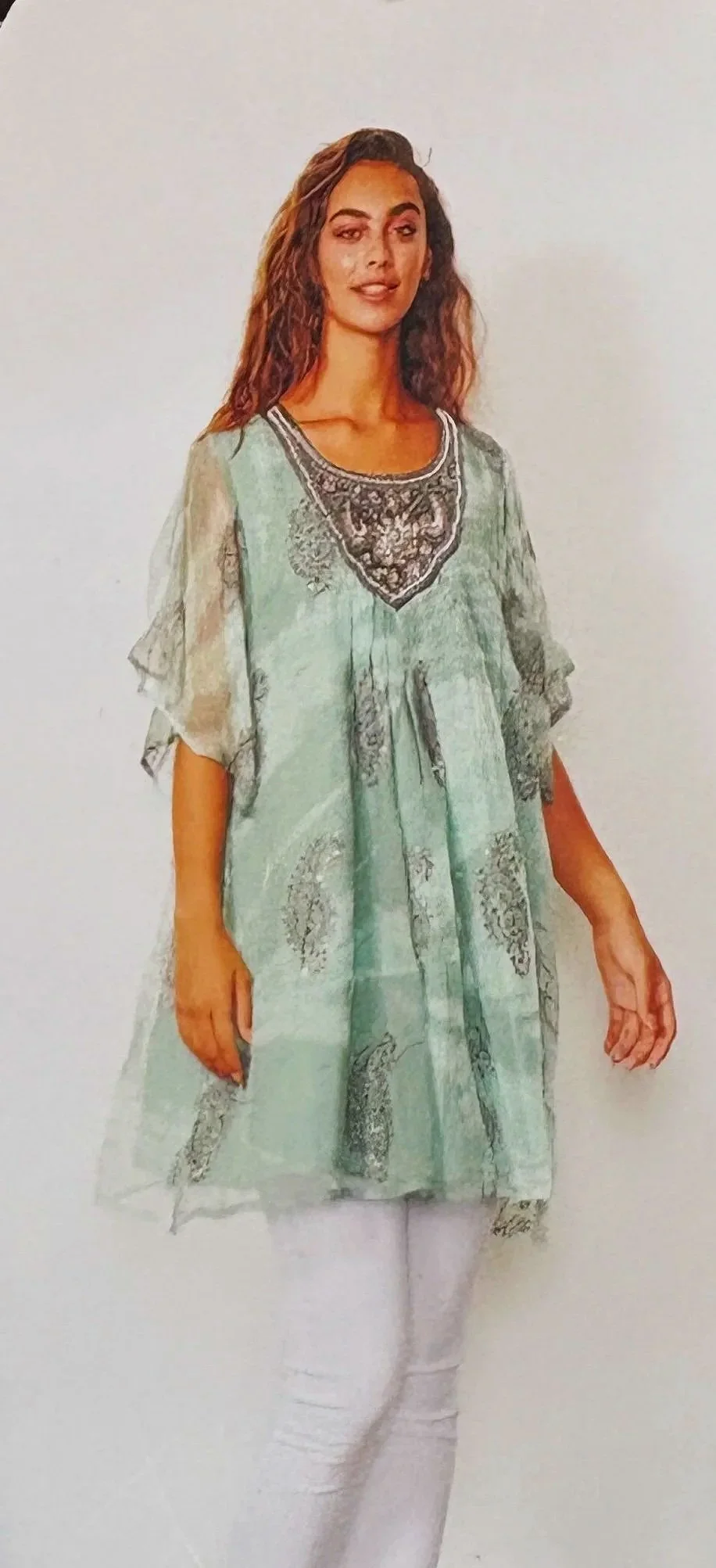 Caju Long  Layered Mint Bejewelled Top (Size L)-Retro Glamour